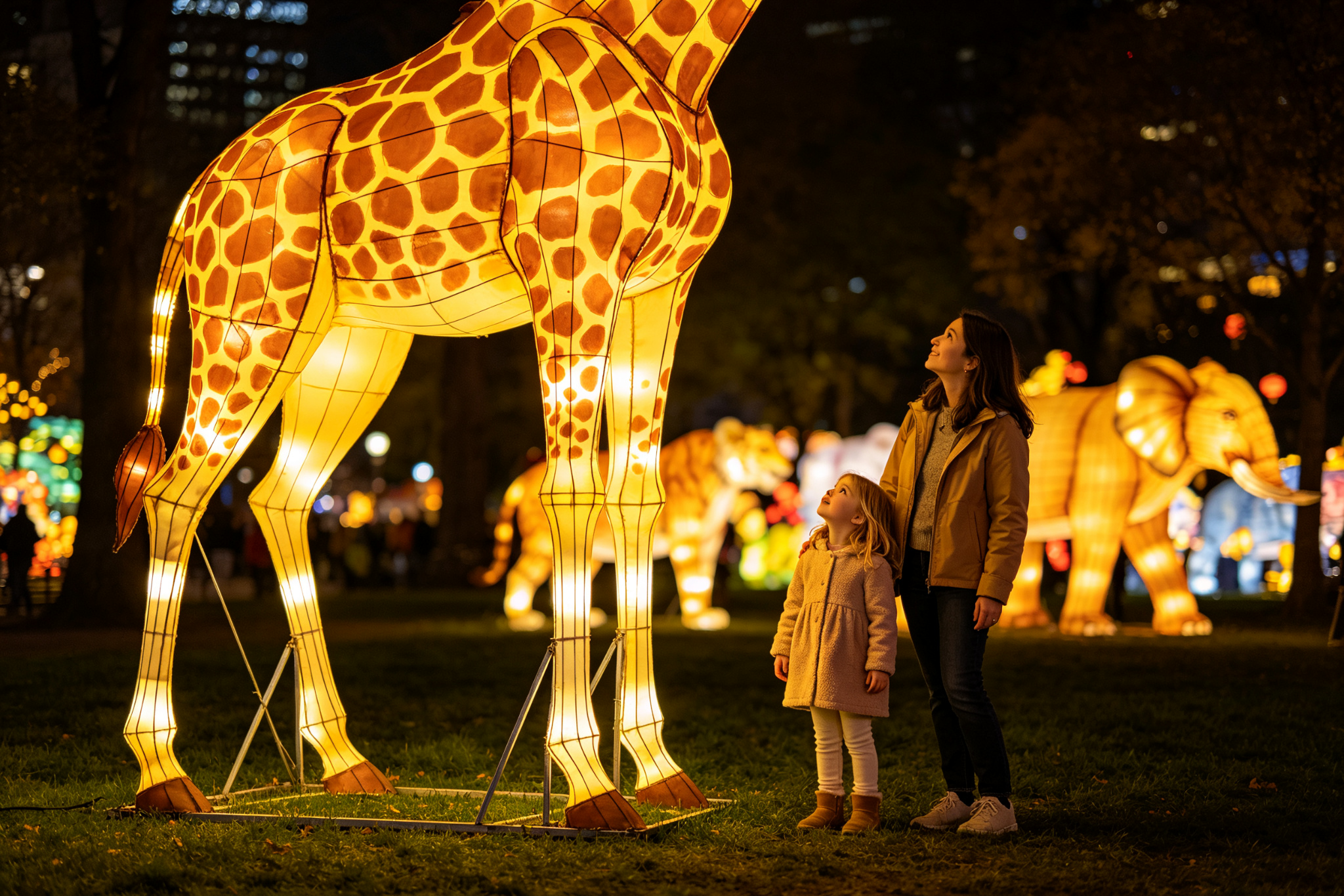 Tall giraffe lantern with girl and mother looking up in amazement