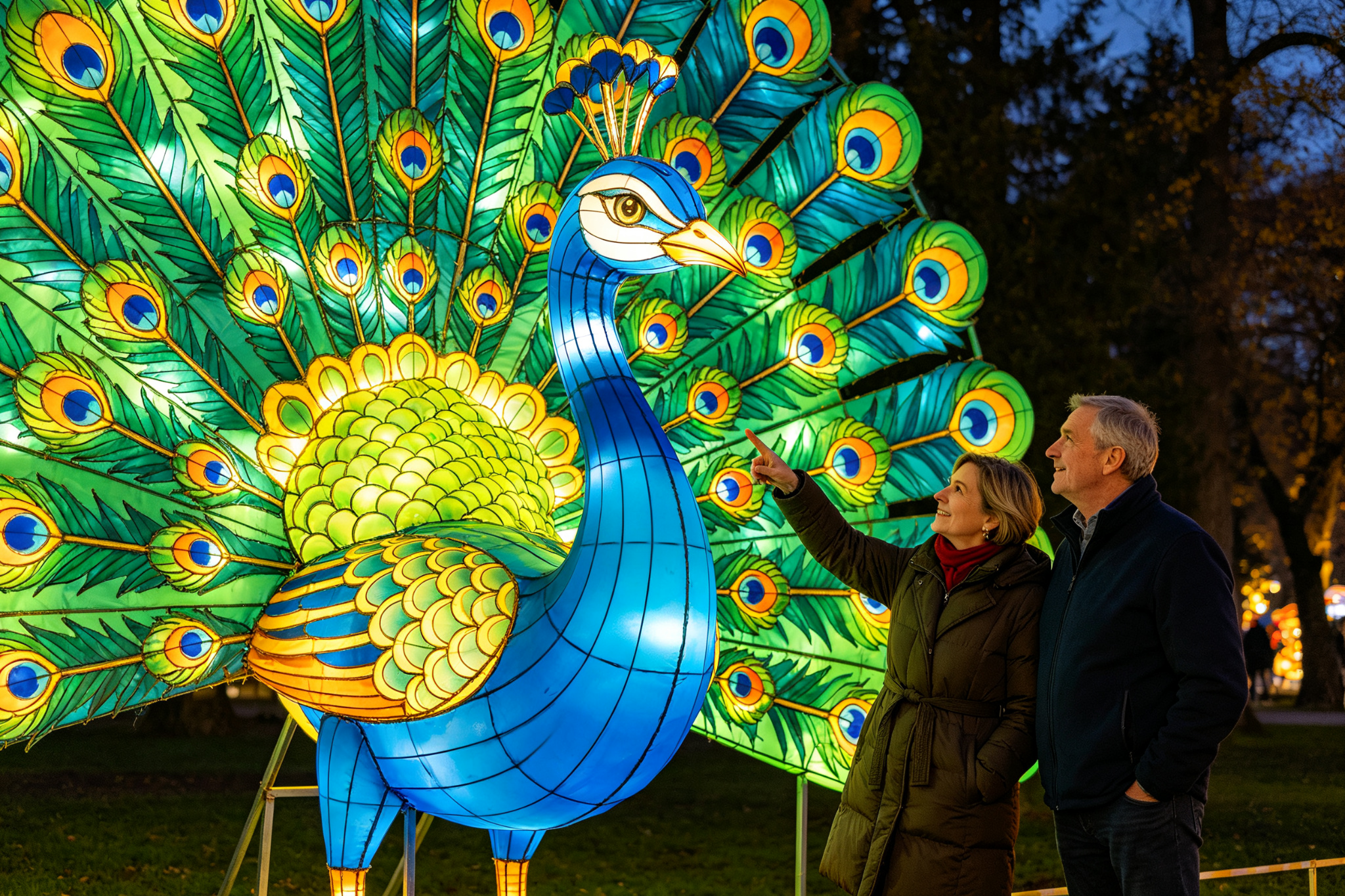 Large colorful peacock lantern with spread tail feathers and couple