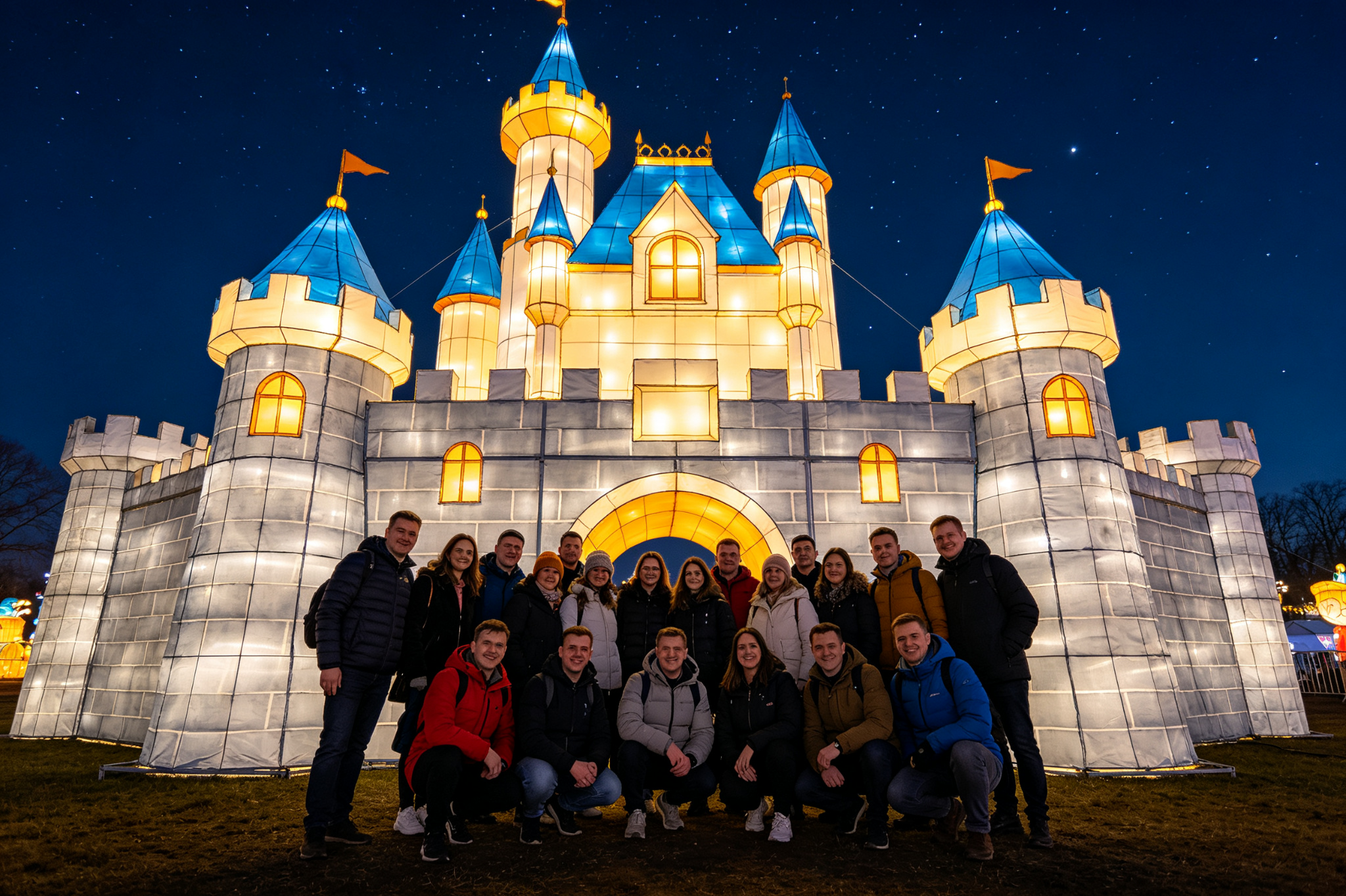 European castle lantern with group of tourists posing for photo