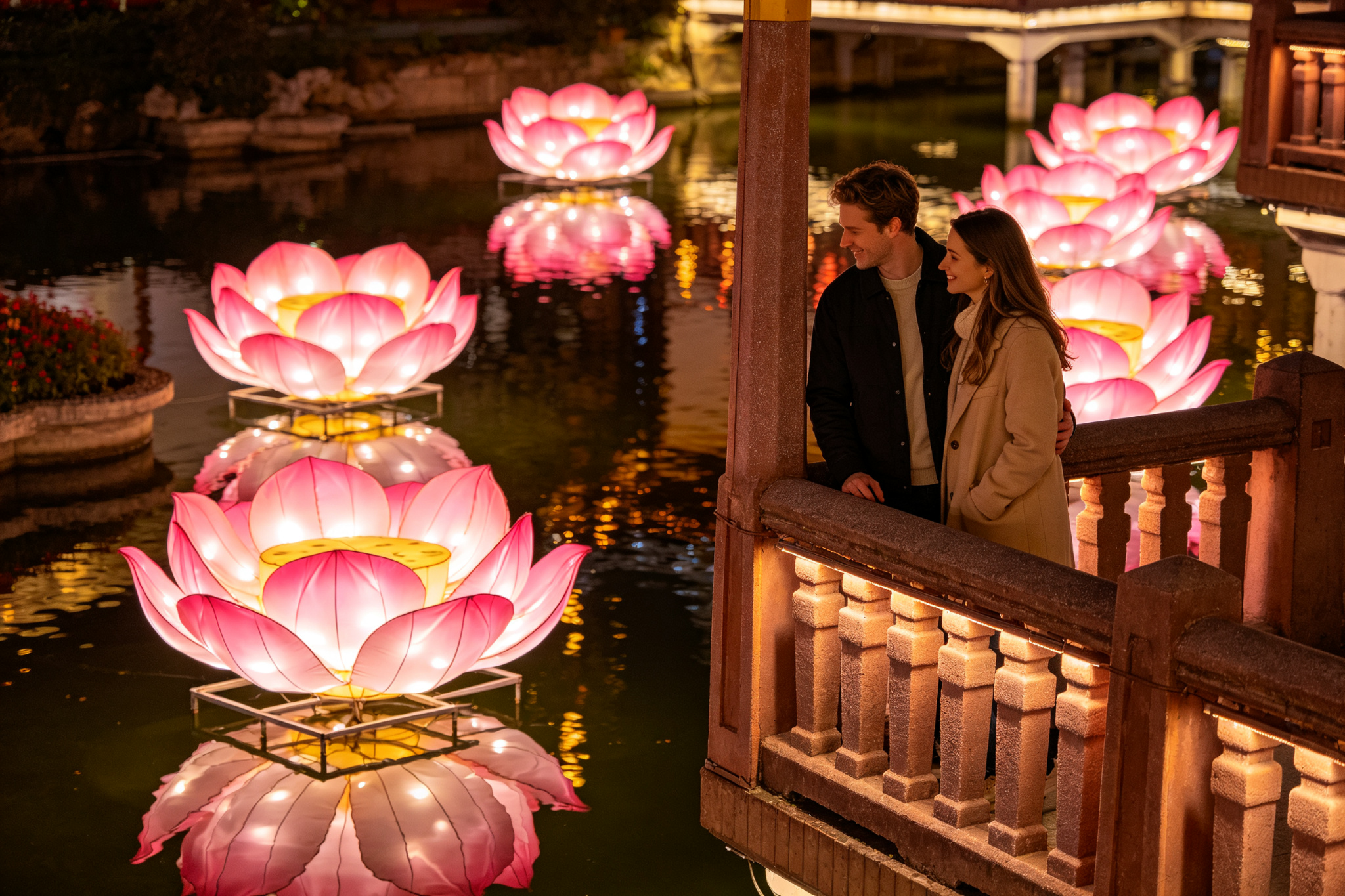 Pink lotus flower lanterns floating on pond with couple on bridge
