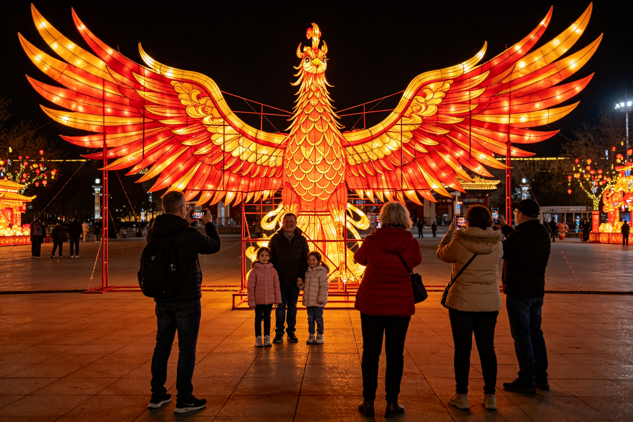 Large red and gold phoenix lantern with family taking photos