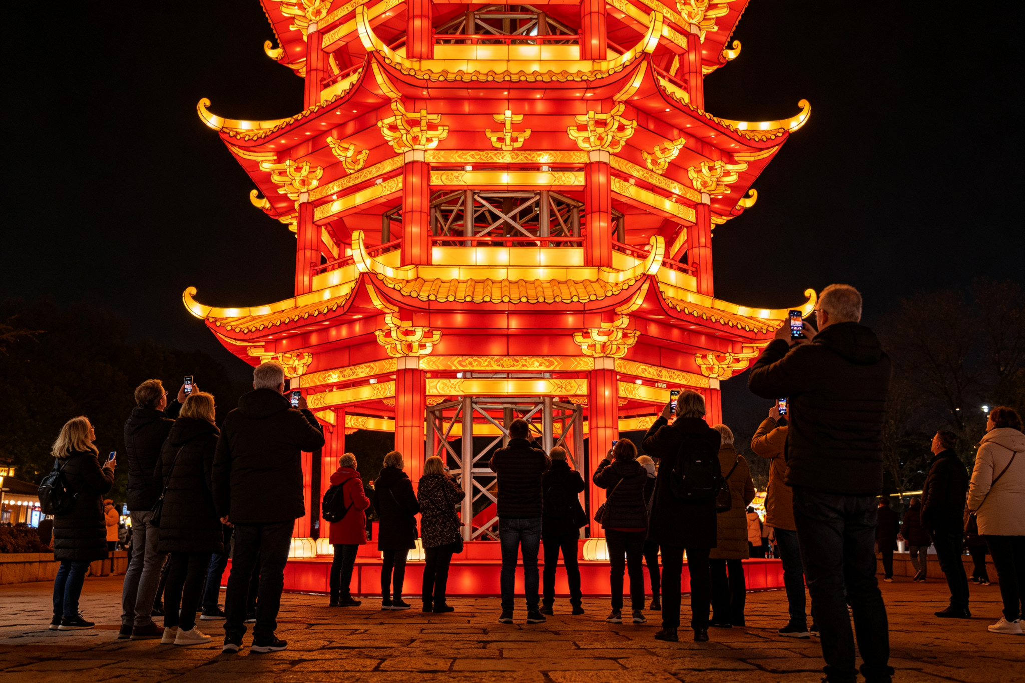 Red and gold pagoda lantern tower with tourists taking photos