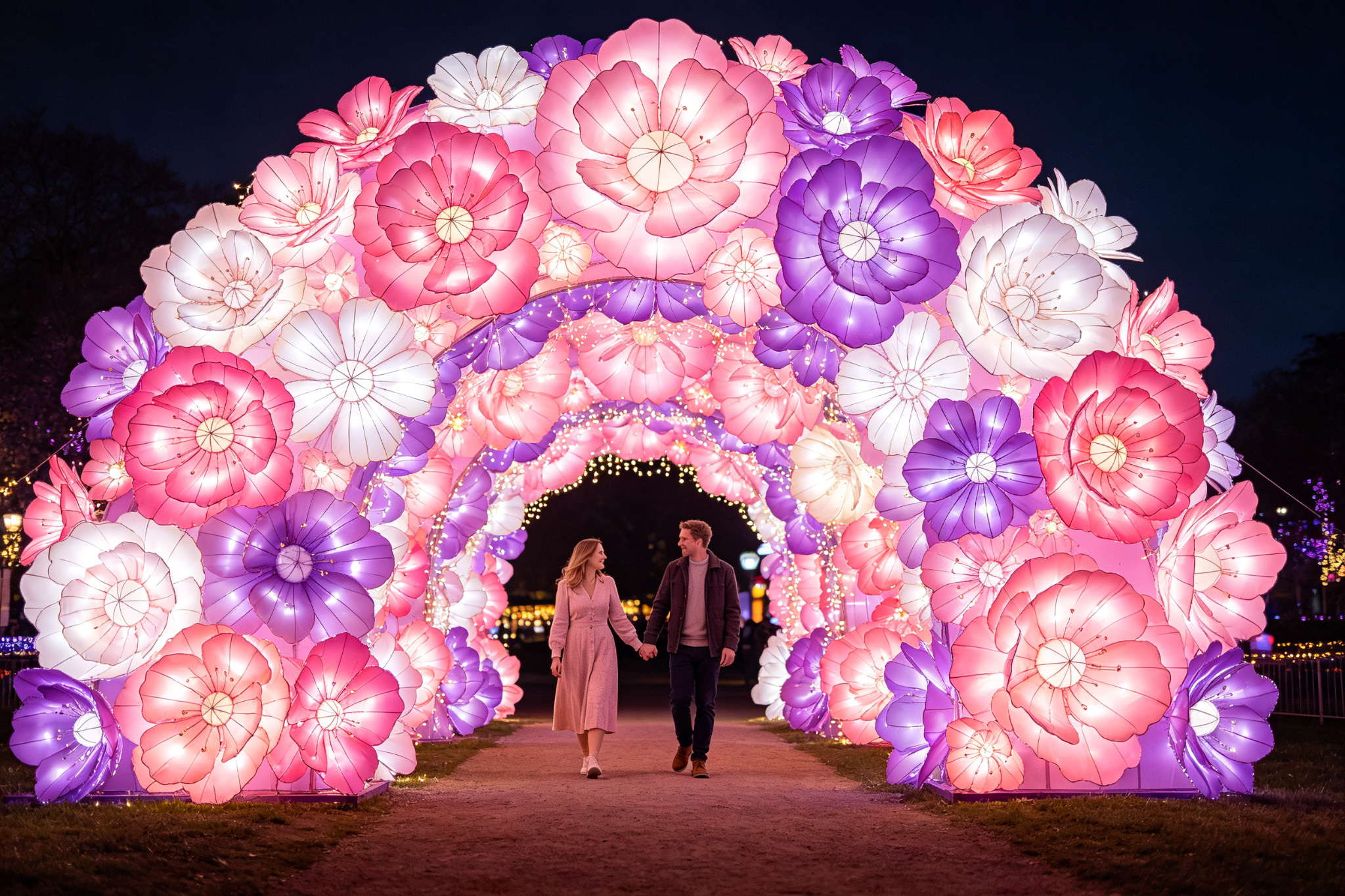 Pink and purple flower lantern archway with couple walking through