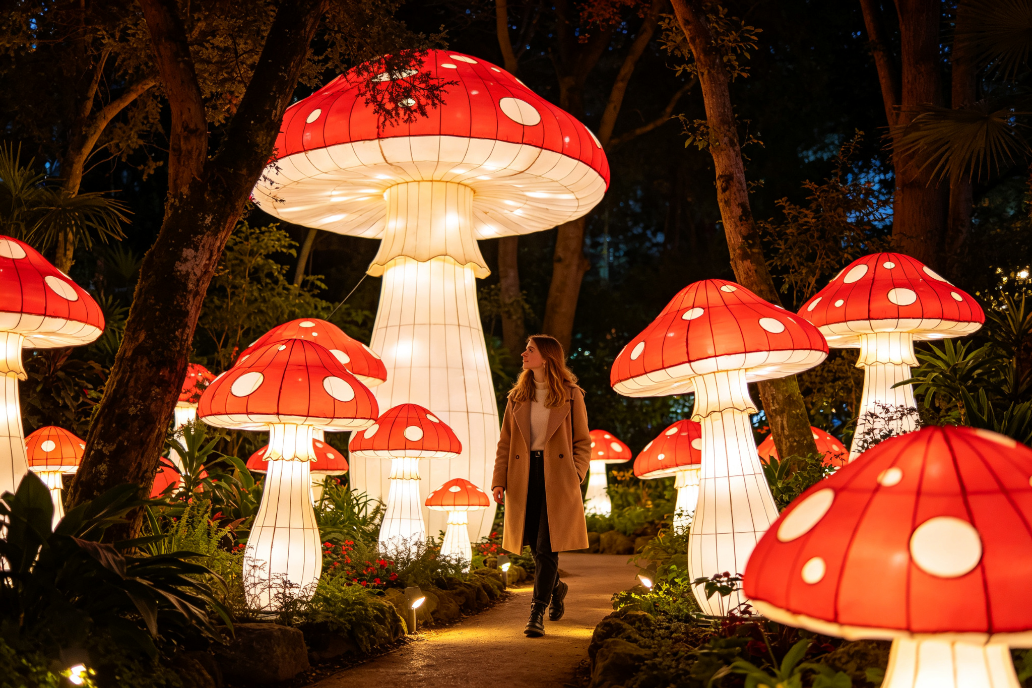 Giant mushroom lanterns in botanical garden with woman walking