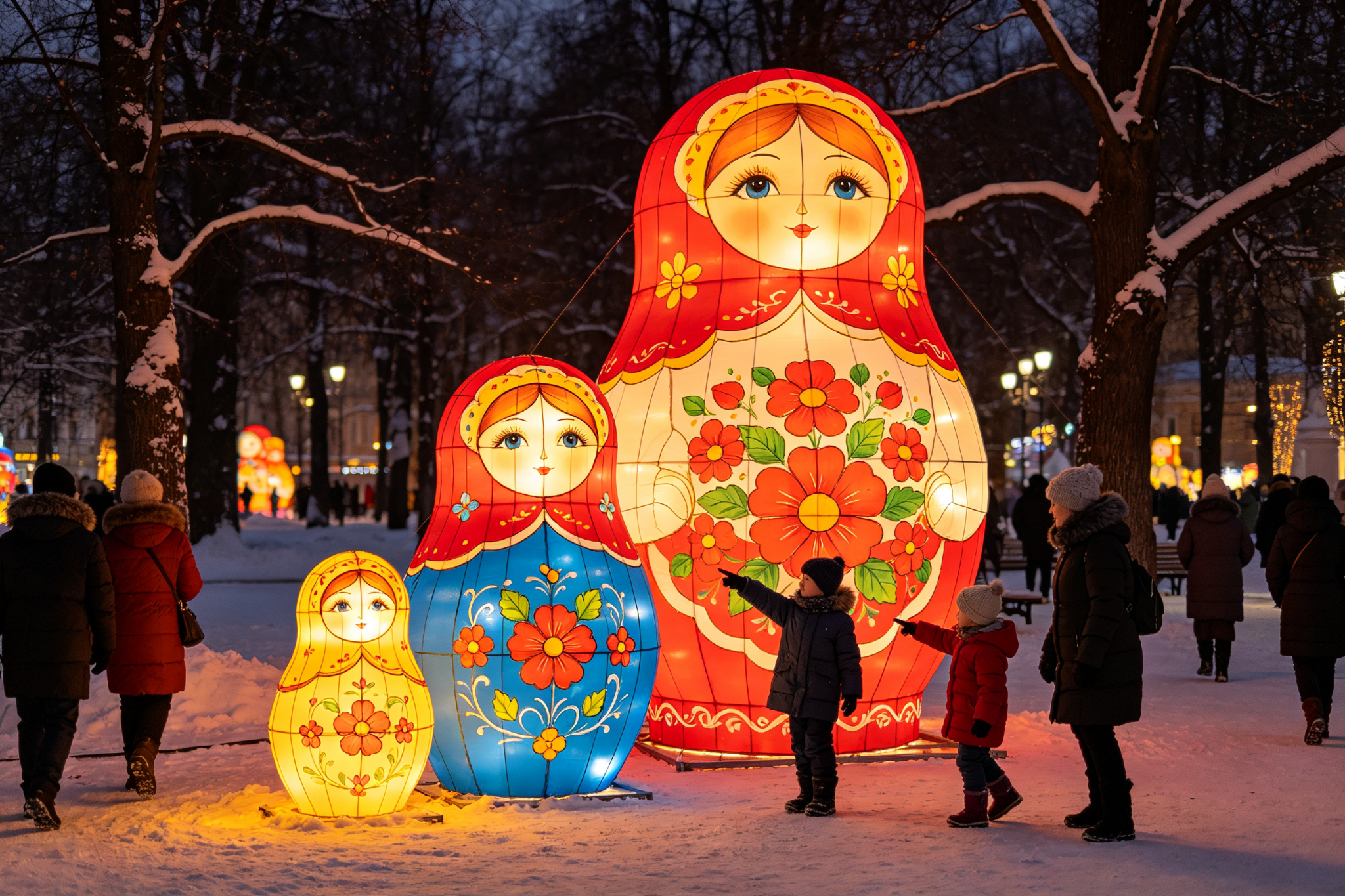 Colorful nesting doll lanterns in snowy park with children