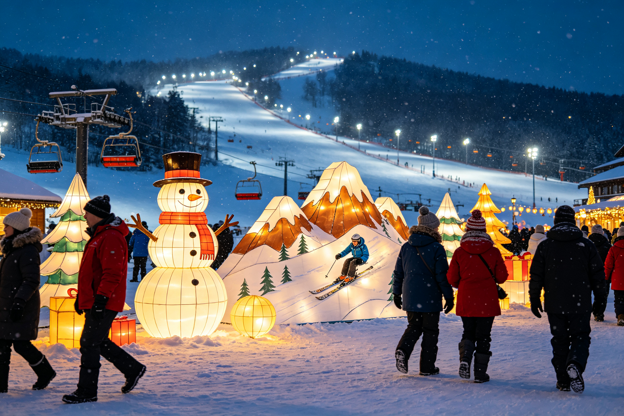 Winter-themed lanterns on snow with visitors at ski resort