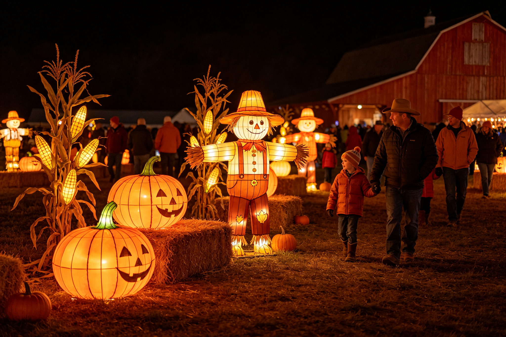 Pumpkin and scarecrow lanterns at farm harvest event