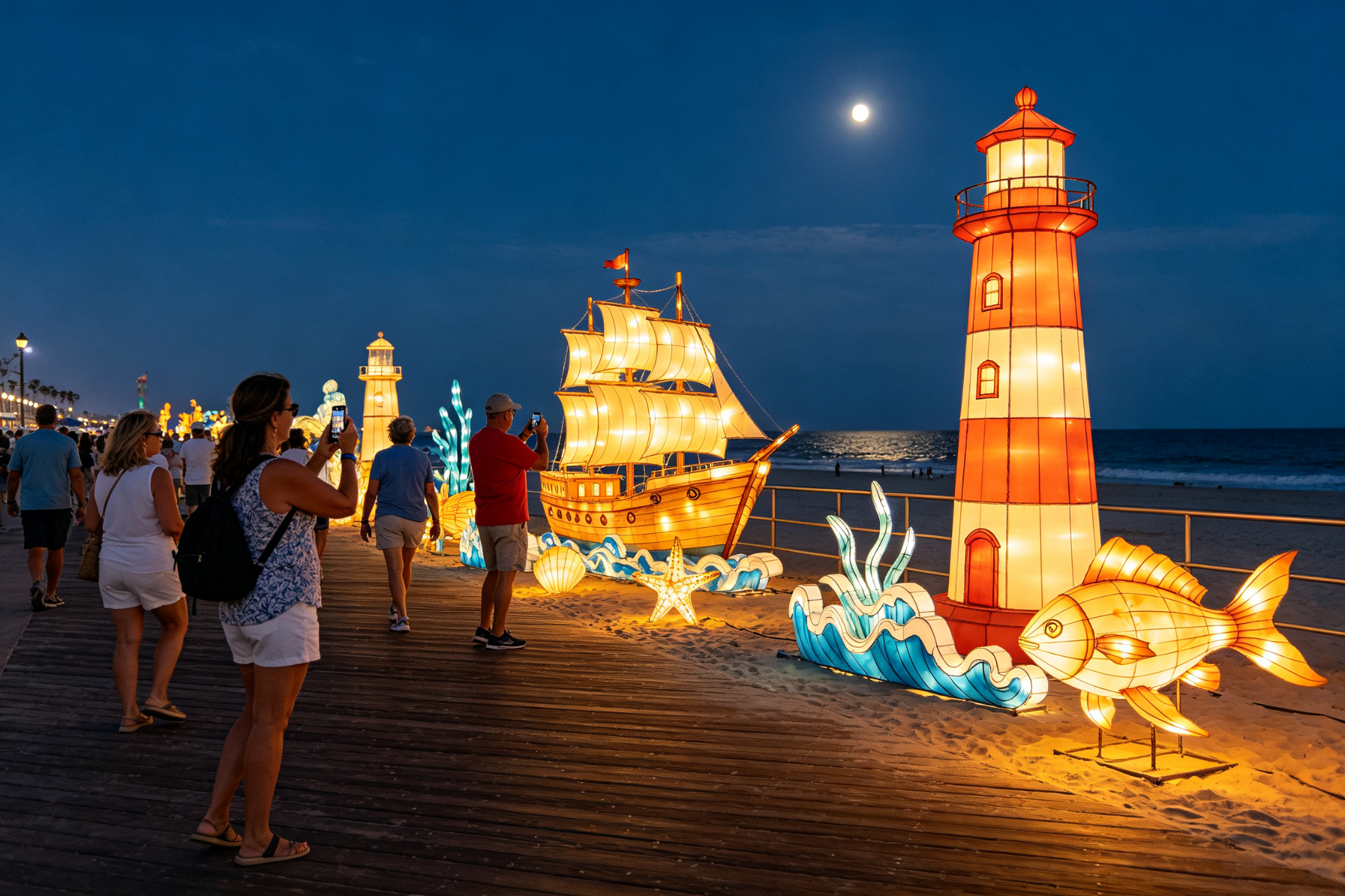 Nautical lanterns along wooden boardwalk by ocean