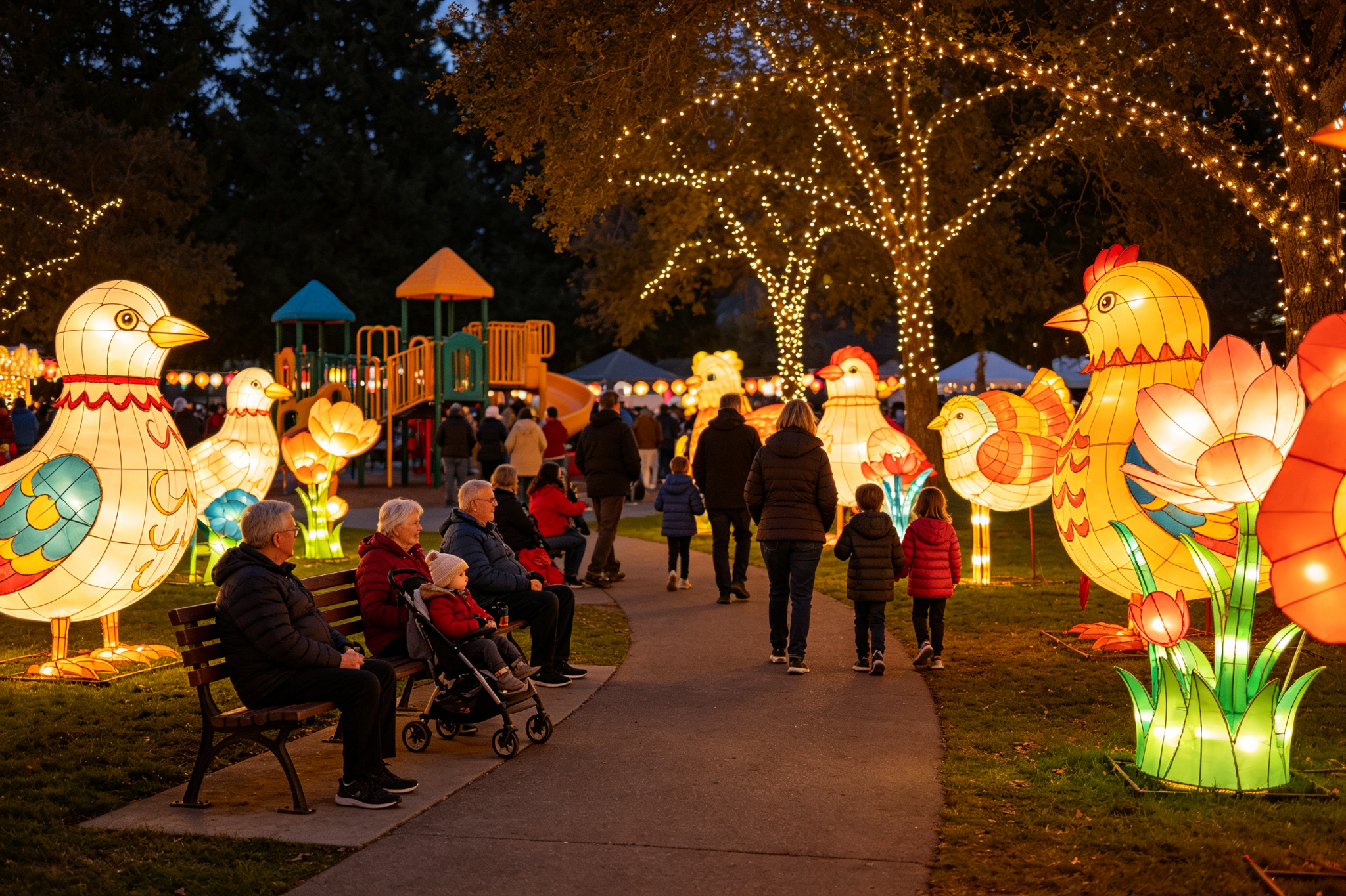 Animal lanterns along path with families and seniors