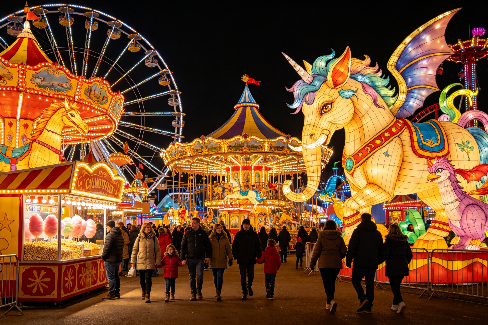 Fantasy creature lanterns with Ferris wheel at amusement park