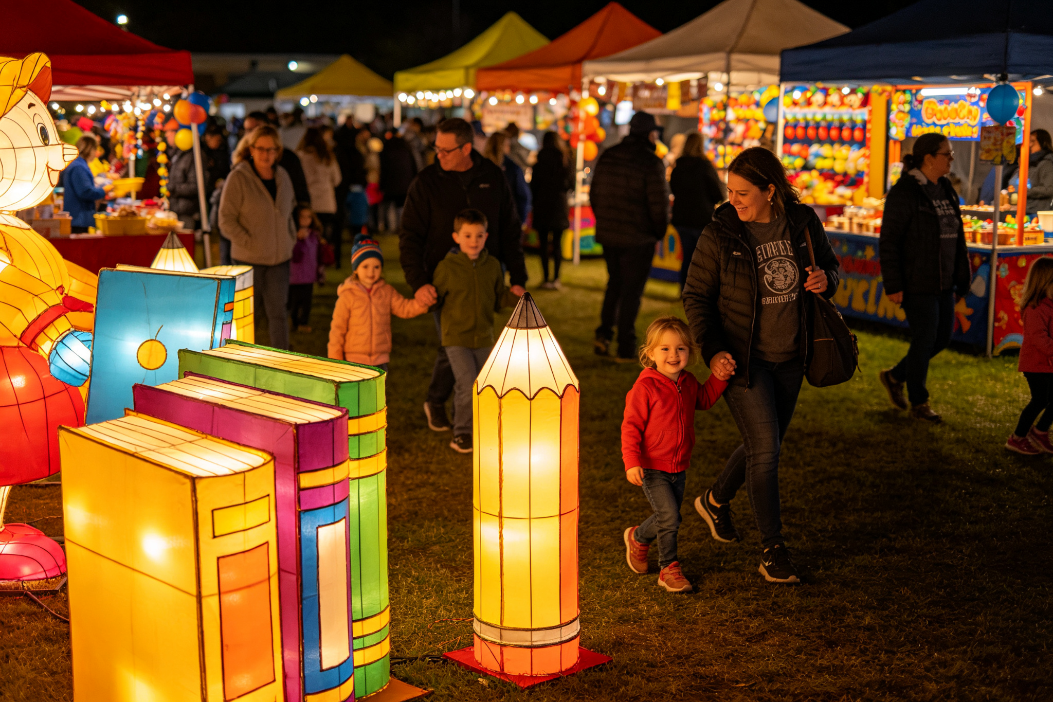 Book and pencil lanterns at school fair with families
