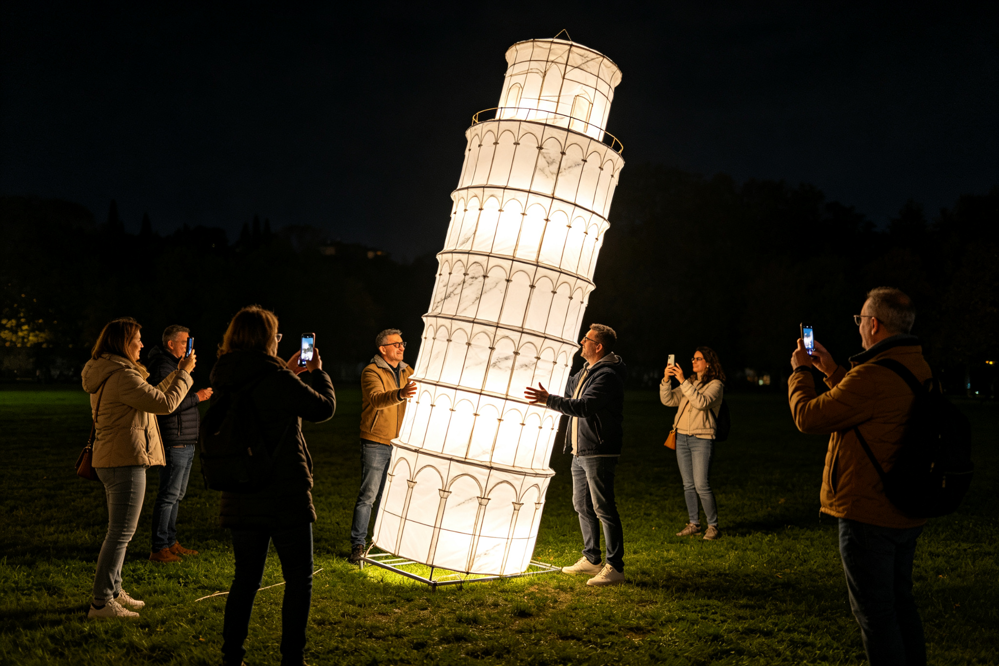 White marble leaning tower lantern with visitors pretending to hold it