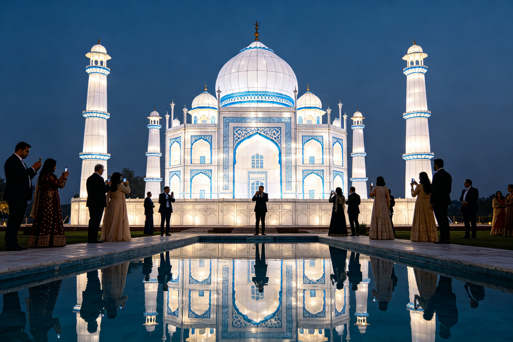 White marble Taj Mahal lantern with reflecting pool and visitors