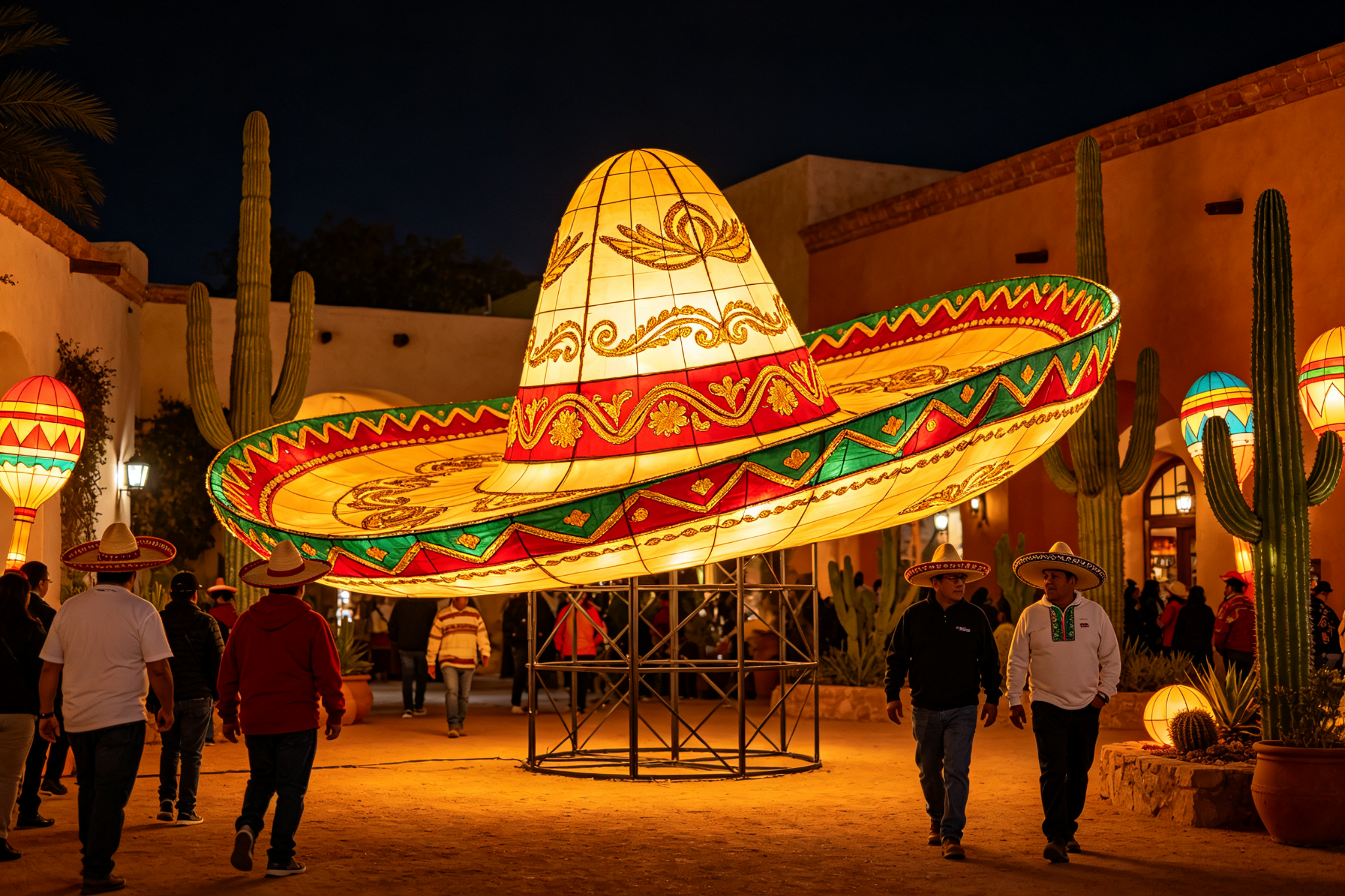 Large colorful sombrero lantern in courtyard with cacti and visitors
