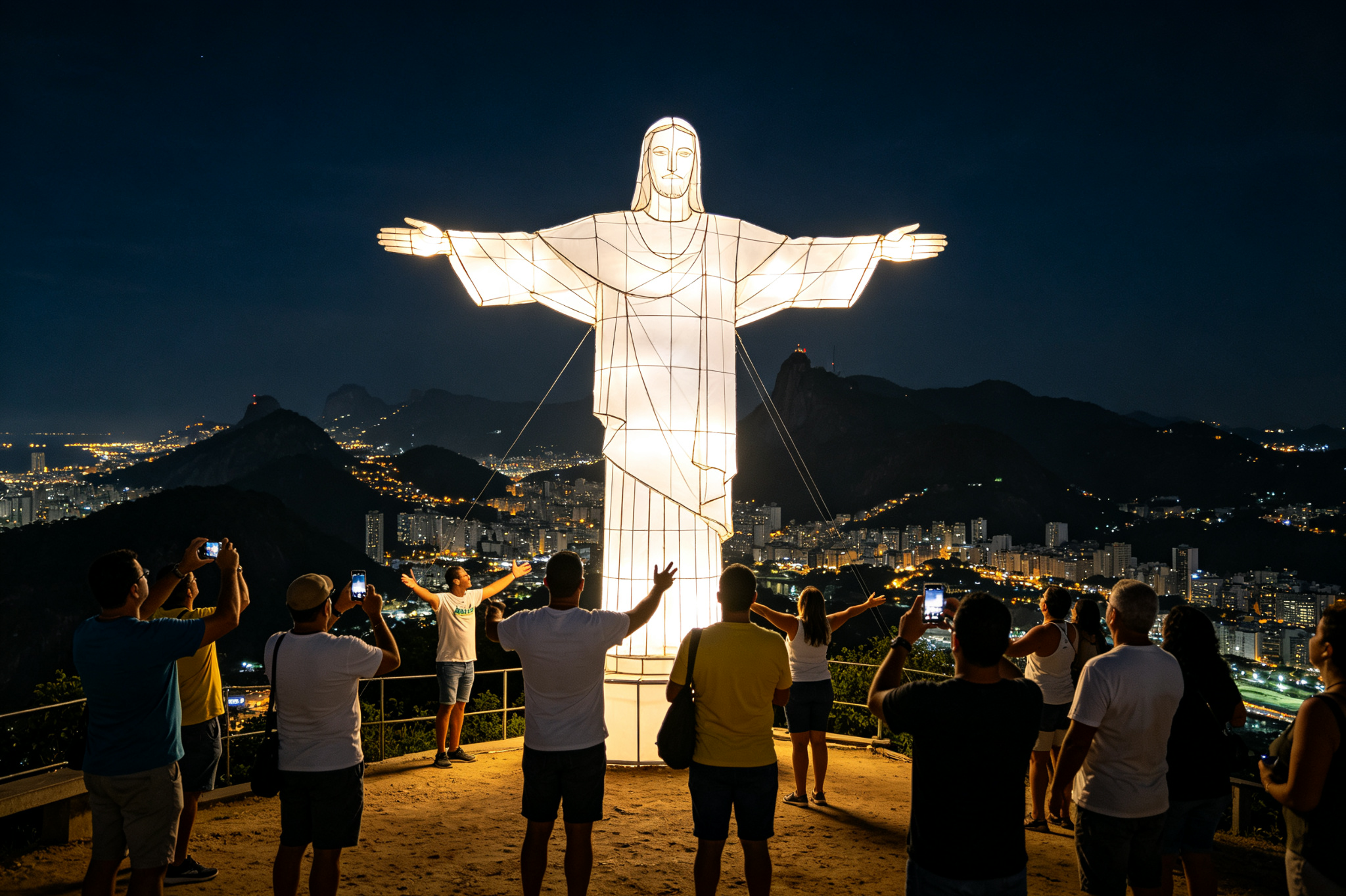 White Christ statue lantern on hilltop with visitors mimicking pose