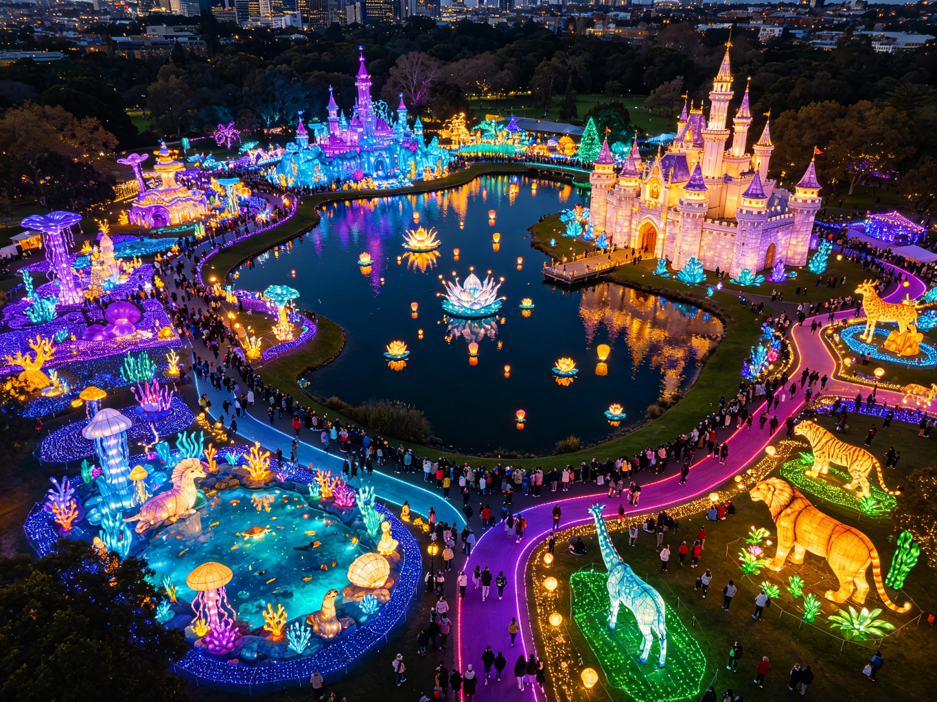Complete custom lantern festival event at a city park with fantasy castle zone, underwater world zone, dinosaur zone, and central lake with floating lanterns