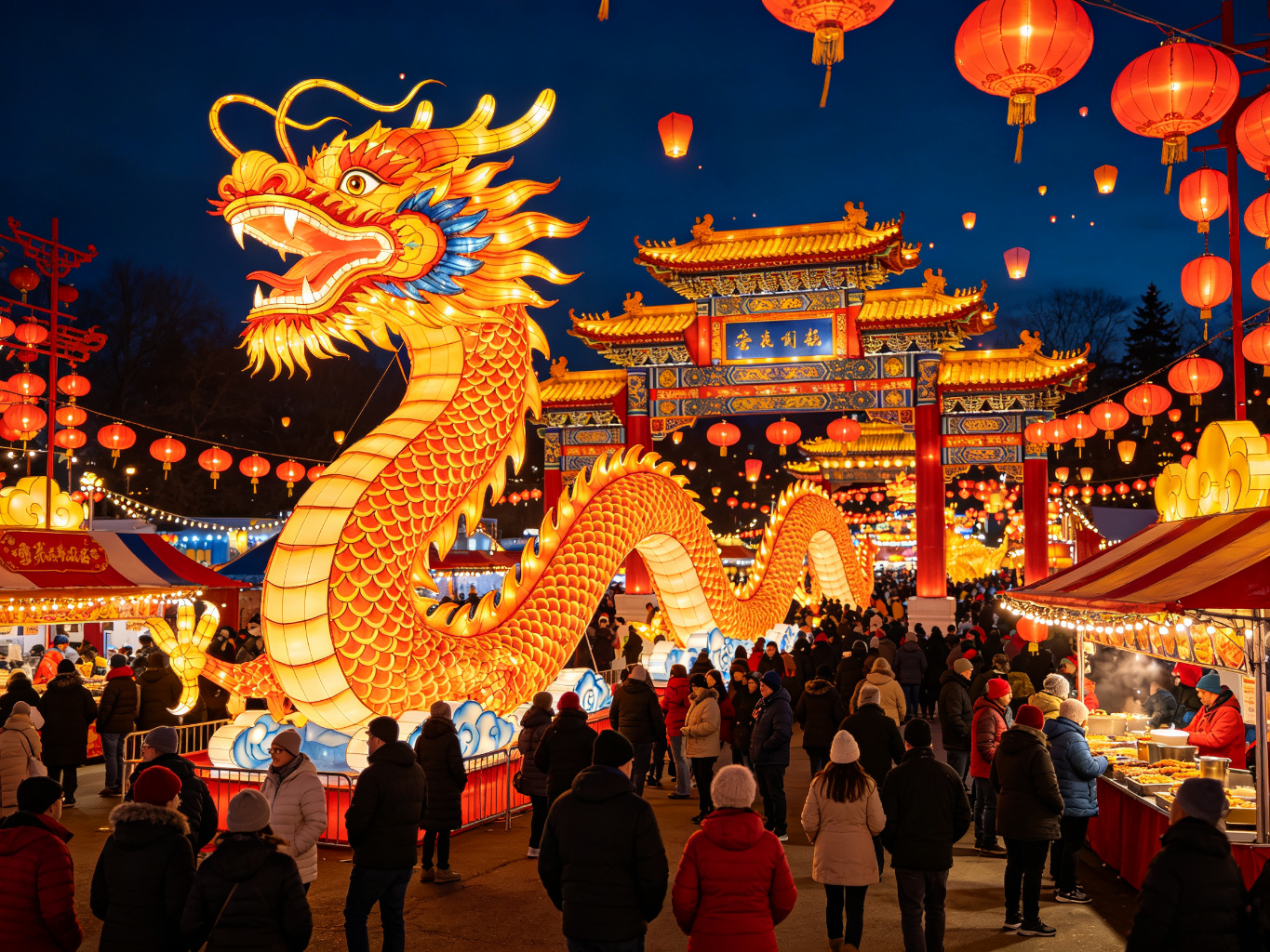 Grand Chinese lantern show with 50-meter dragon lantern, palace lantern arches, Hanfu performers, and lion dance lanterns at a cultural festival