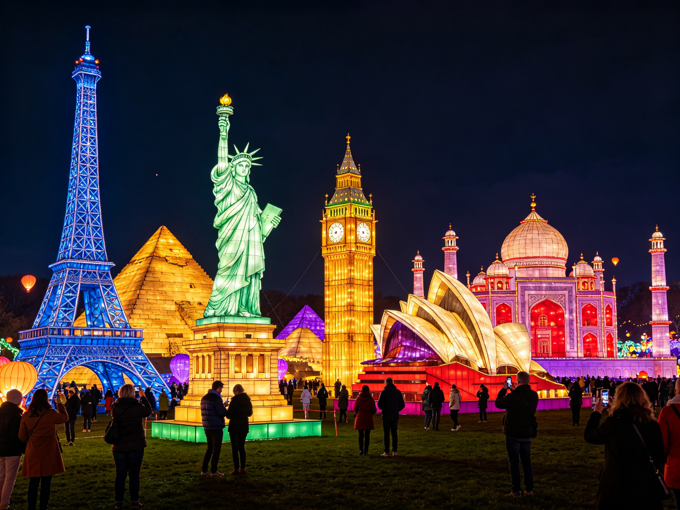 Illuminated decorative landmark building lanterns including Eiffel Tower, Statue of Liberty, Big Ben, Pyramids, Taj Mahal and Sydney Opera House light sculptures