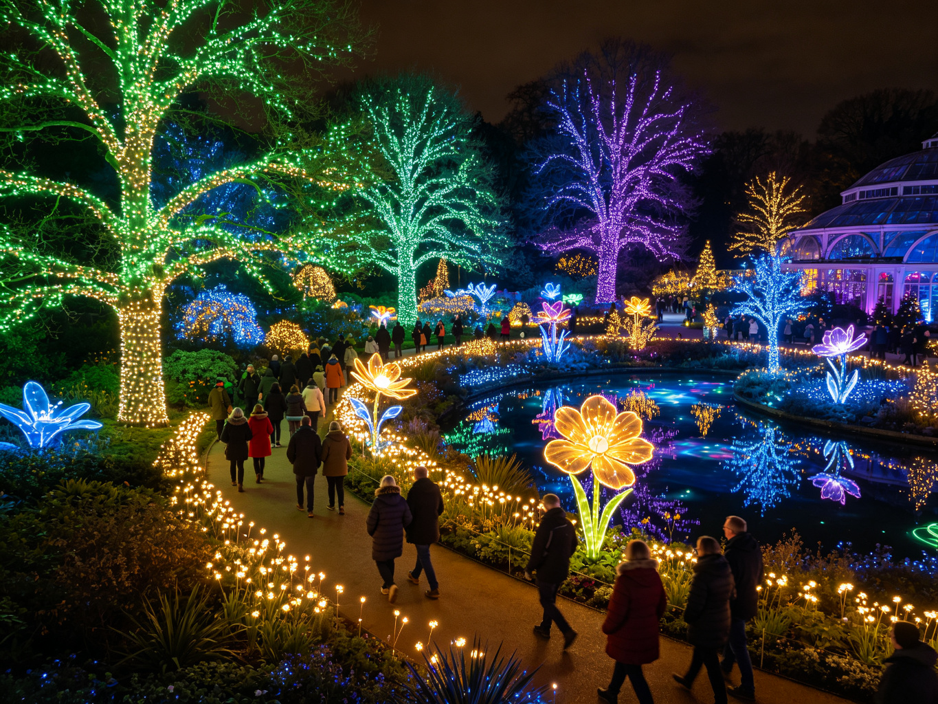 Large-scale lighting landscape project at a botanical garden with LED tree wraps, illuminated flower sculptures, and glowing pathway installations