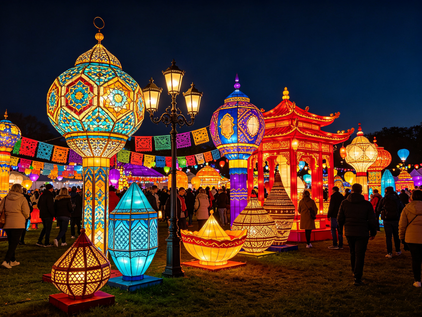World festive lanterns collection featuring Middle Eastern mosaic lanterns, European Victorian street lamps, Mexican papel picado lanterns, Chinese palace lanterns, Indian diya lamps, and African woven lanterns