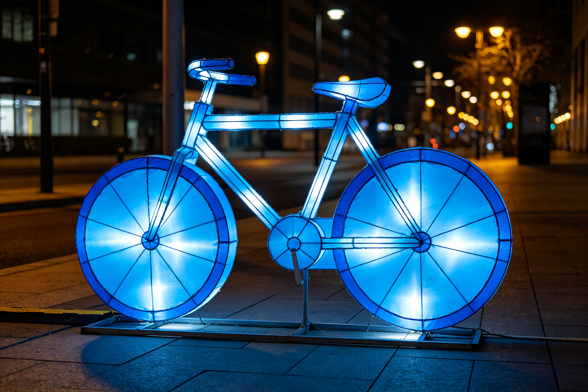 Blue glowing bicycle lantern on city sidewalk