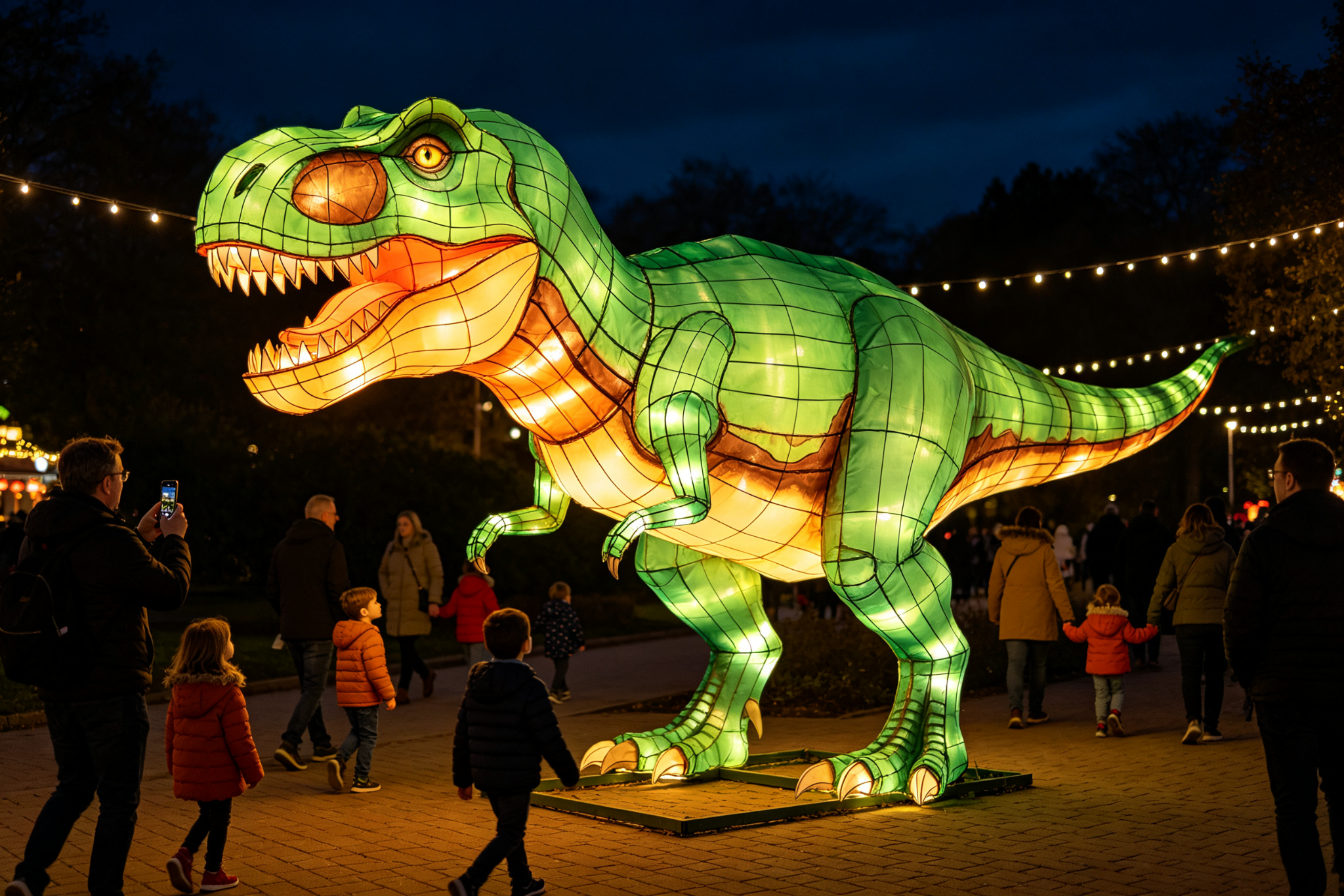 Green and brown T-Rex dinosaur lantern with steel frame at European festival with families