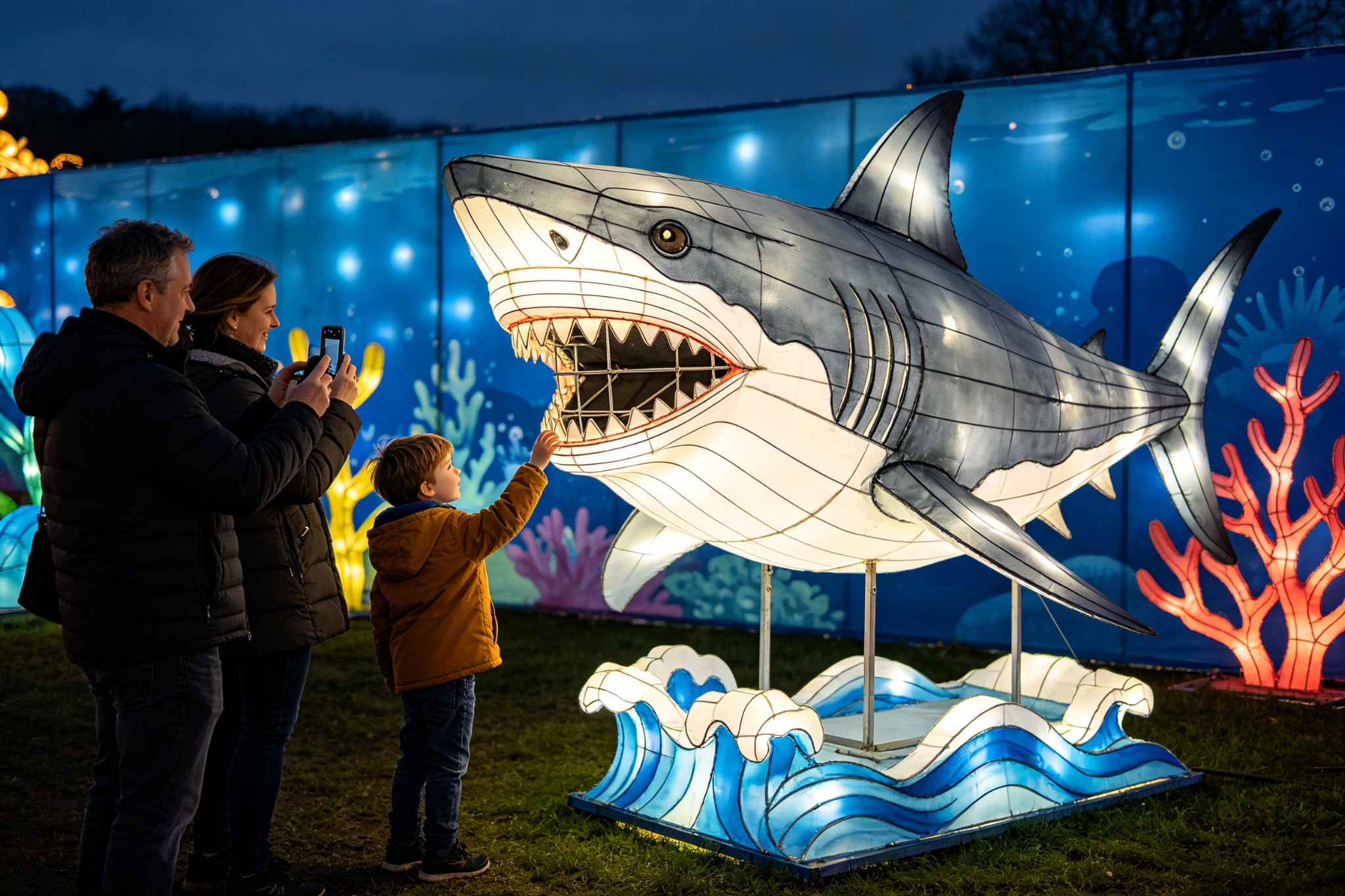 Great white shark lantern at outdoor festival with family taking photos beside it