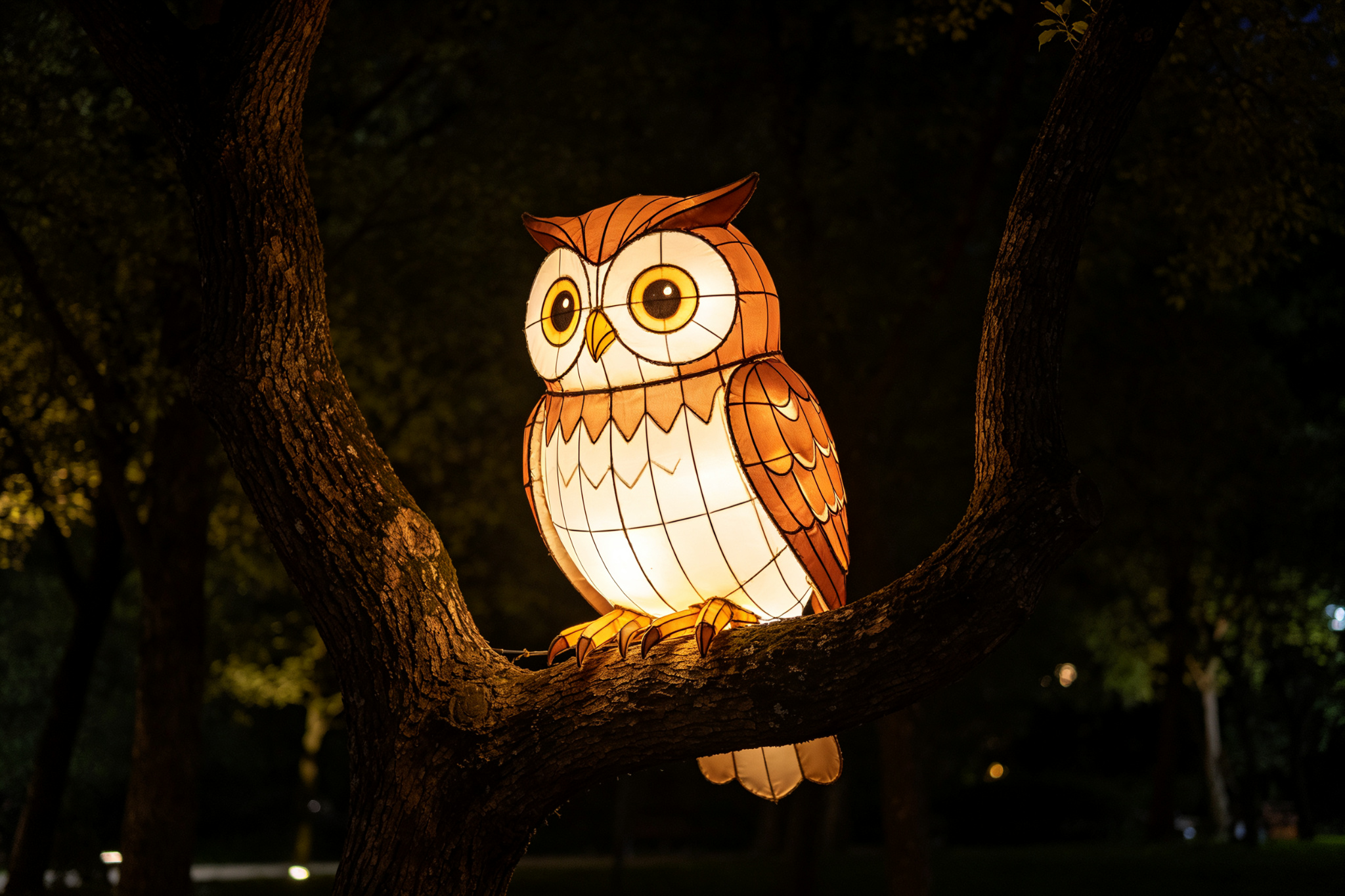 Brown owl lantern perched on tree branch at night