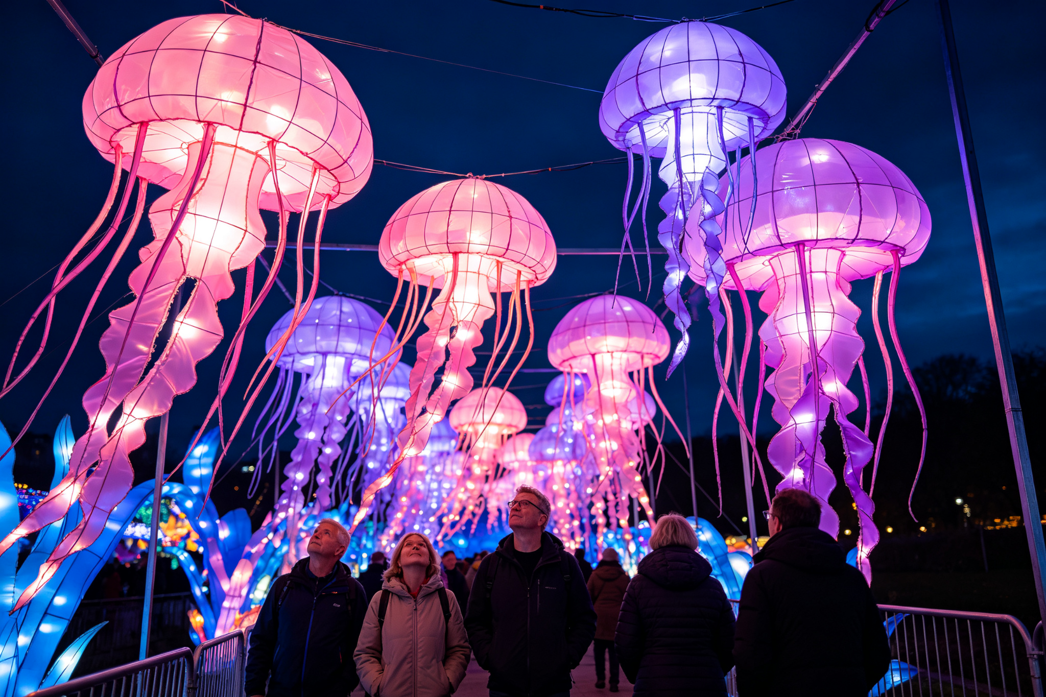 Pink and purple translucent jellyfish lanterns suspended above festival walkway