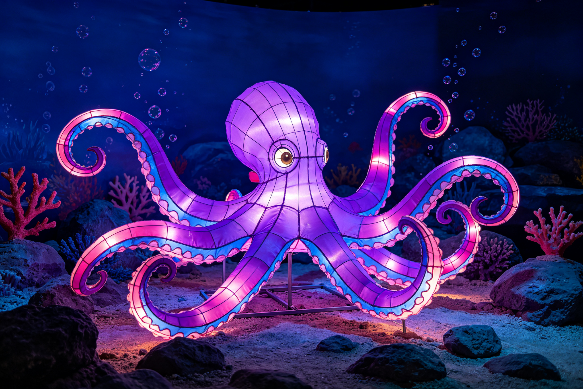 Purple octopus lantern with curling tentacles underwater display