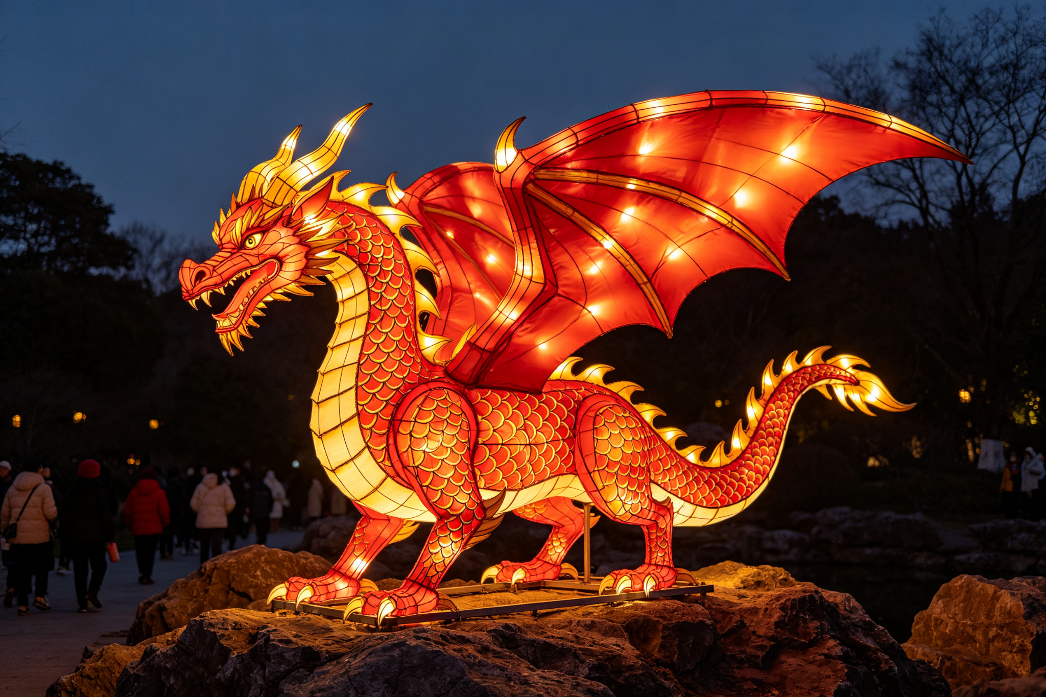 Red and gold Western dragon lantern on rocky terrain