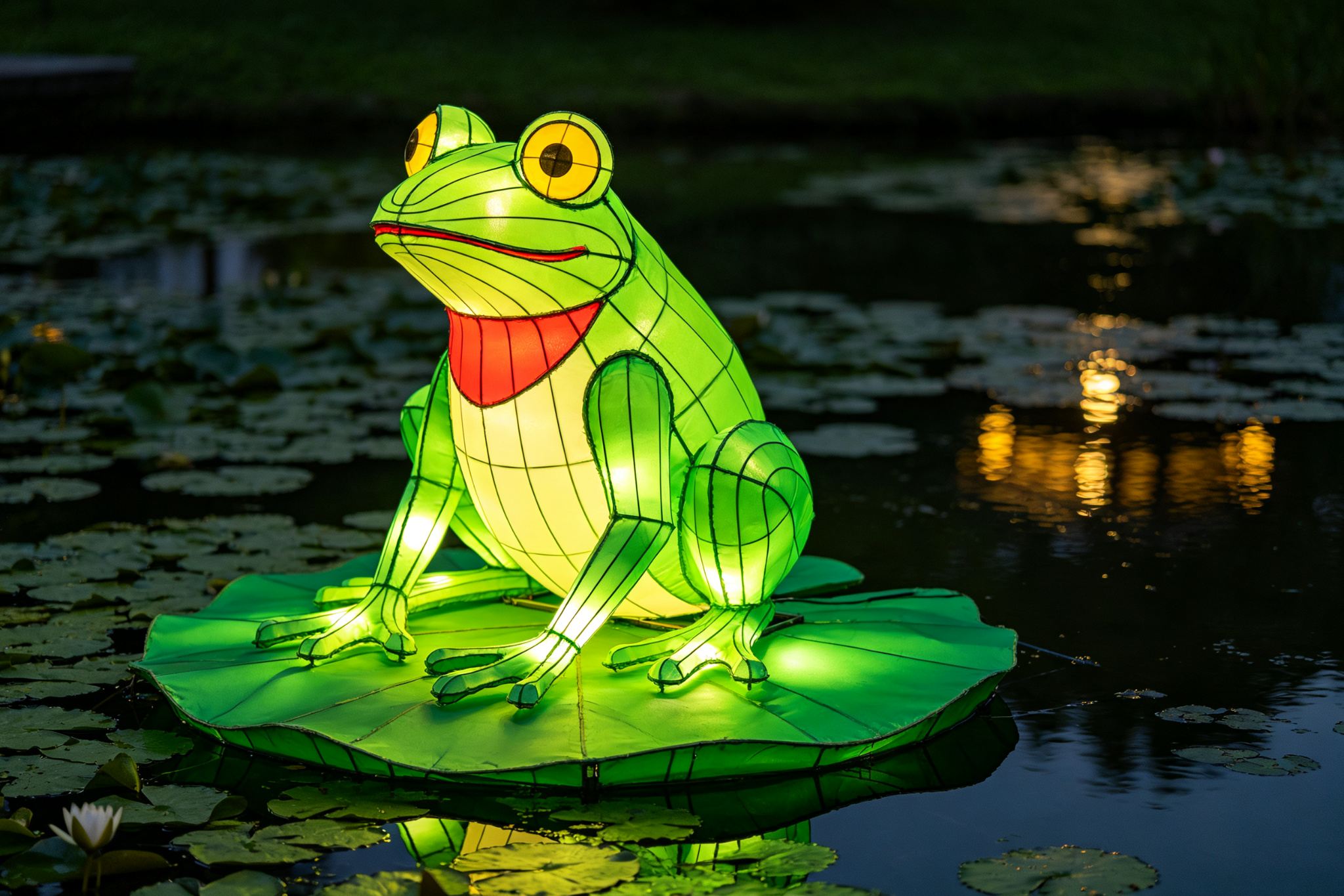 Green frog lantern sitting on lily pad in pond