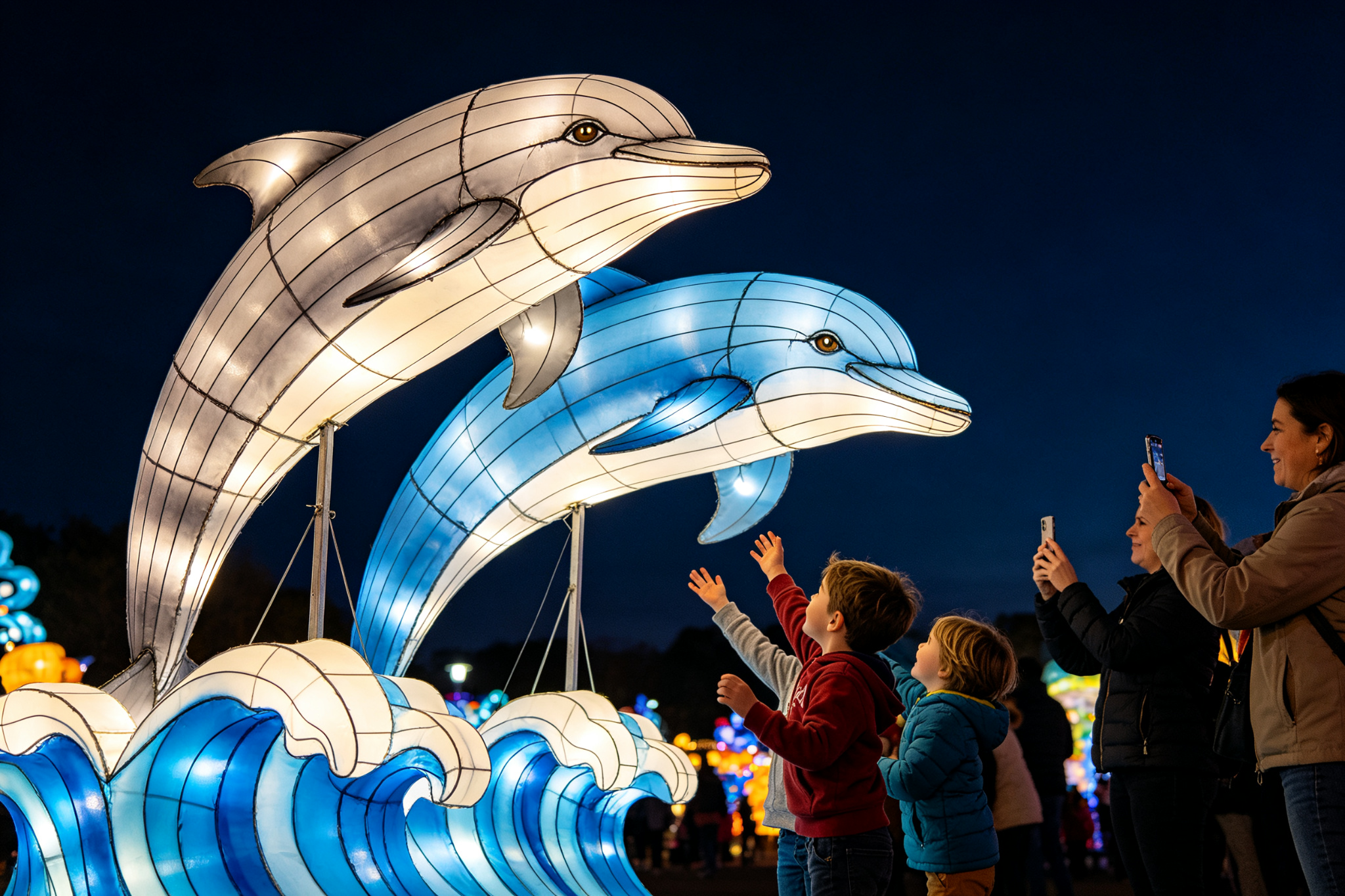 Gray and blue dolphin lanterns leaping on wave base with children reaching