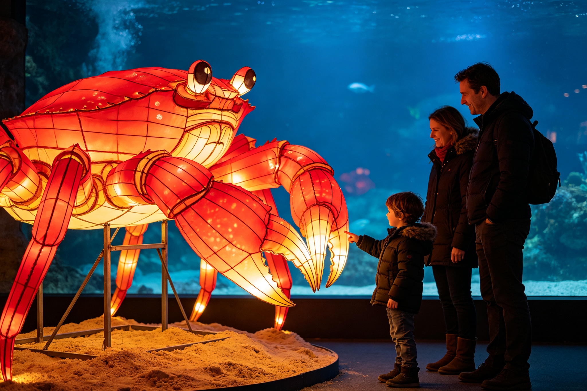 Bright red crab lantern with large claws on sandy base with family observing