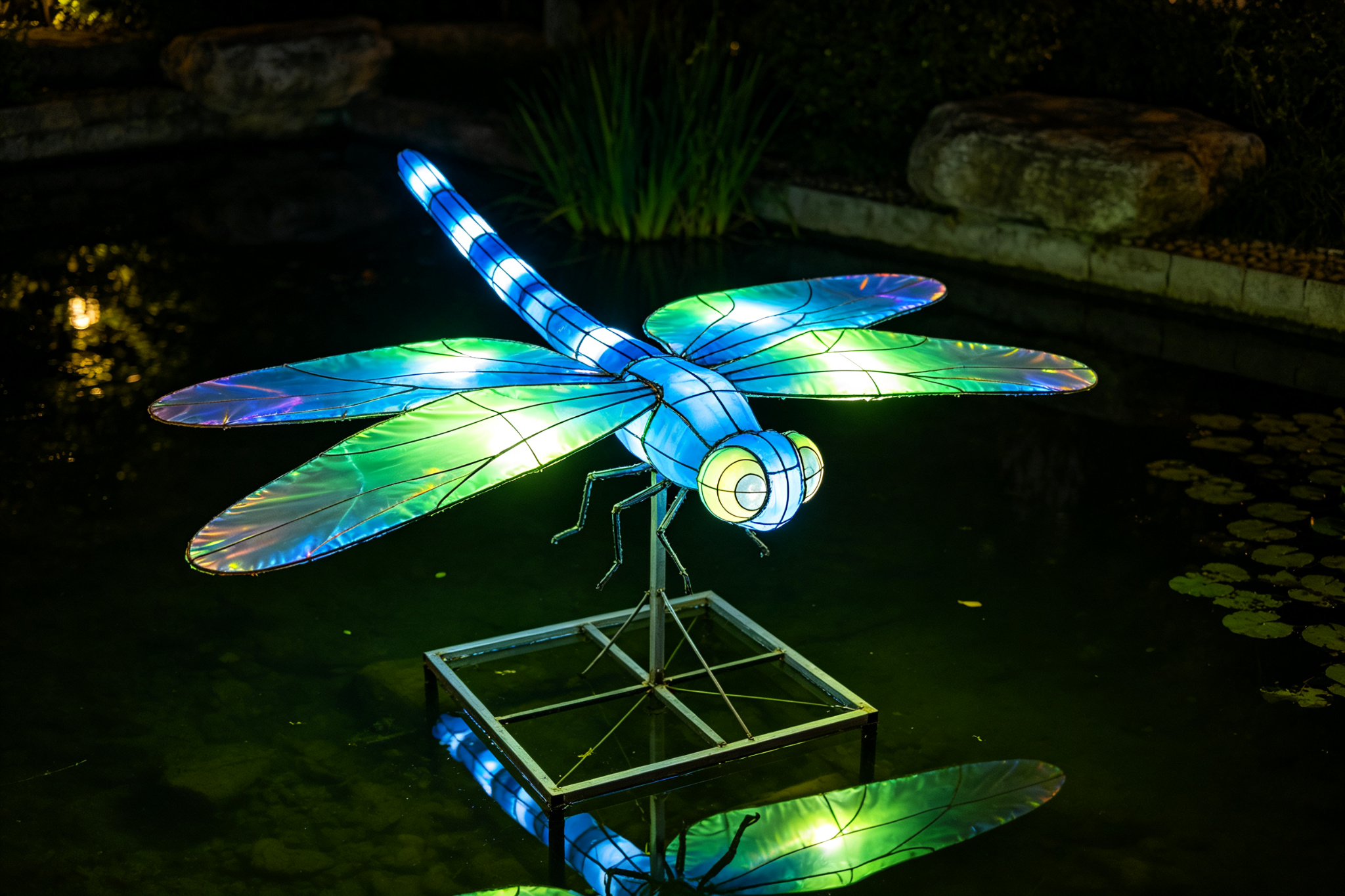 Blue and green dragonfly lantern above pond