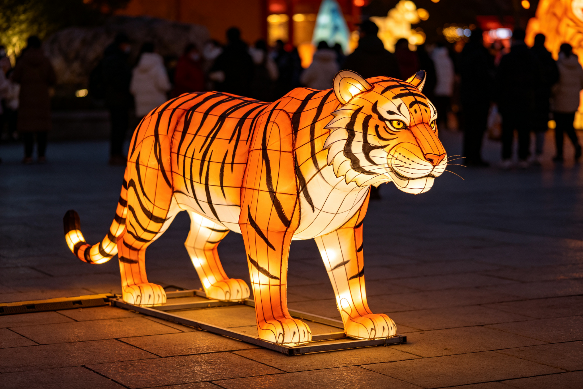 Orange tiger lantern on pavement with visitors in background