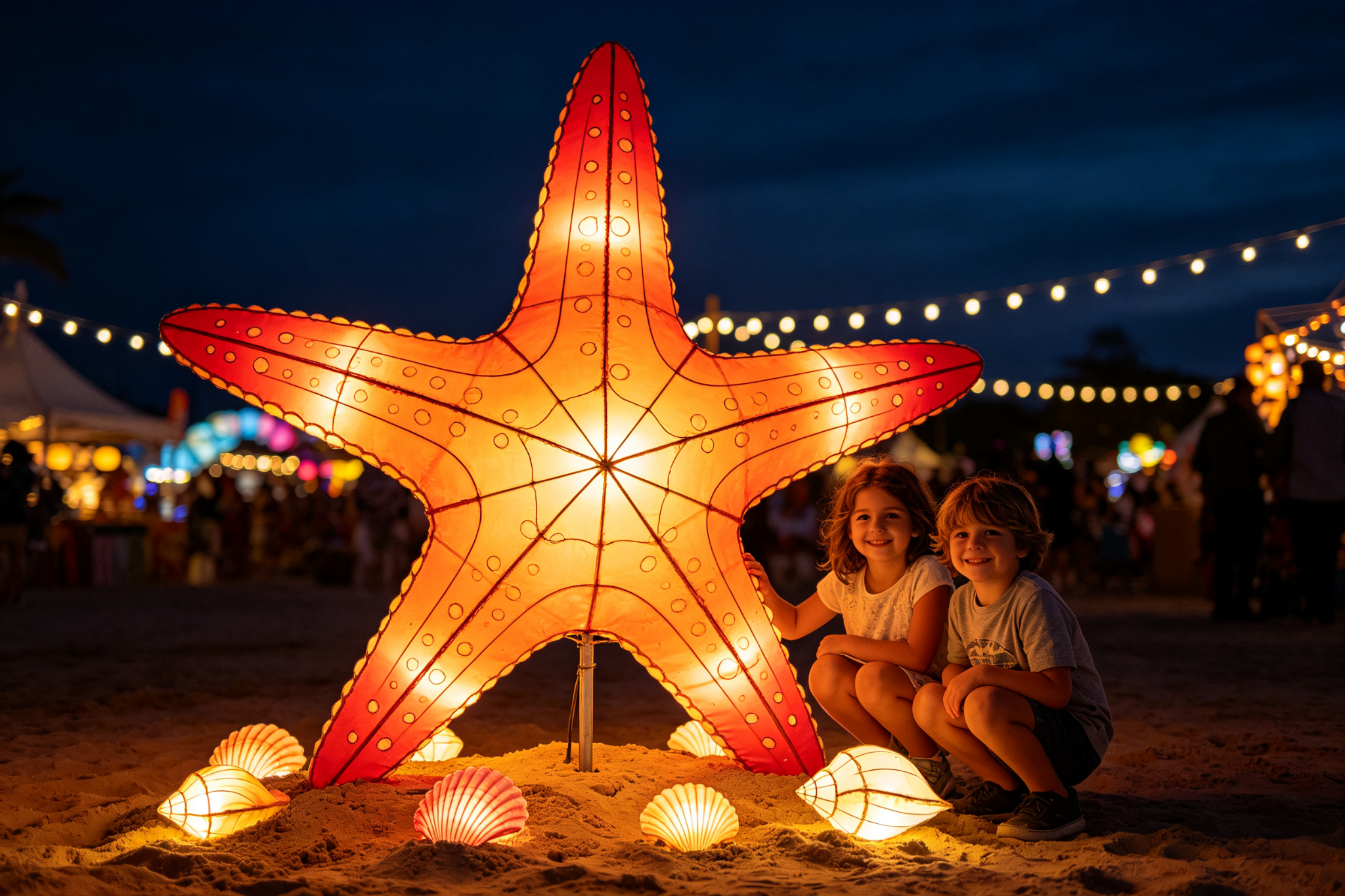 Orange starfish lantern on sandy base with shell lanterns and children kneeling
