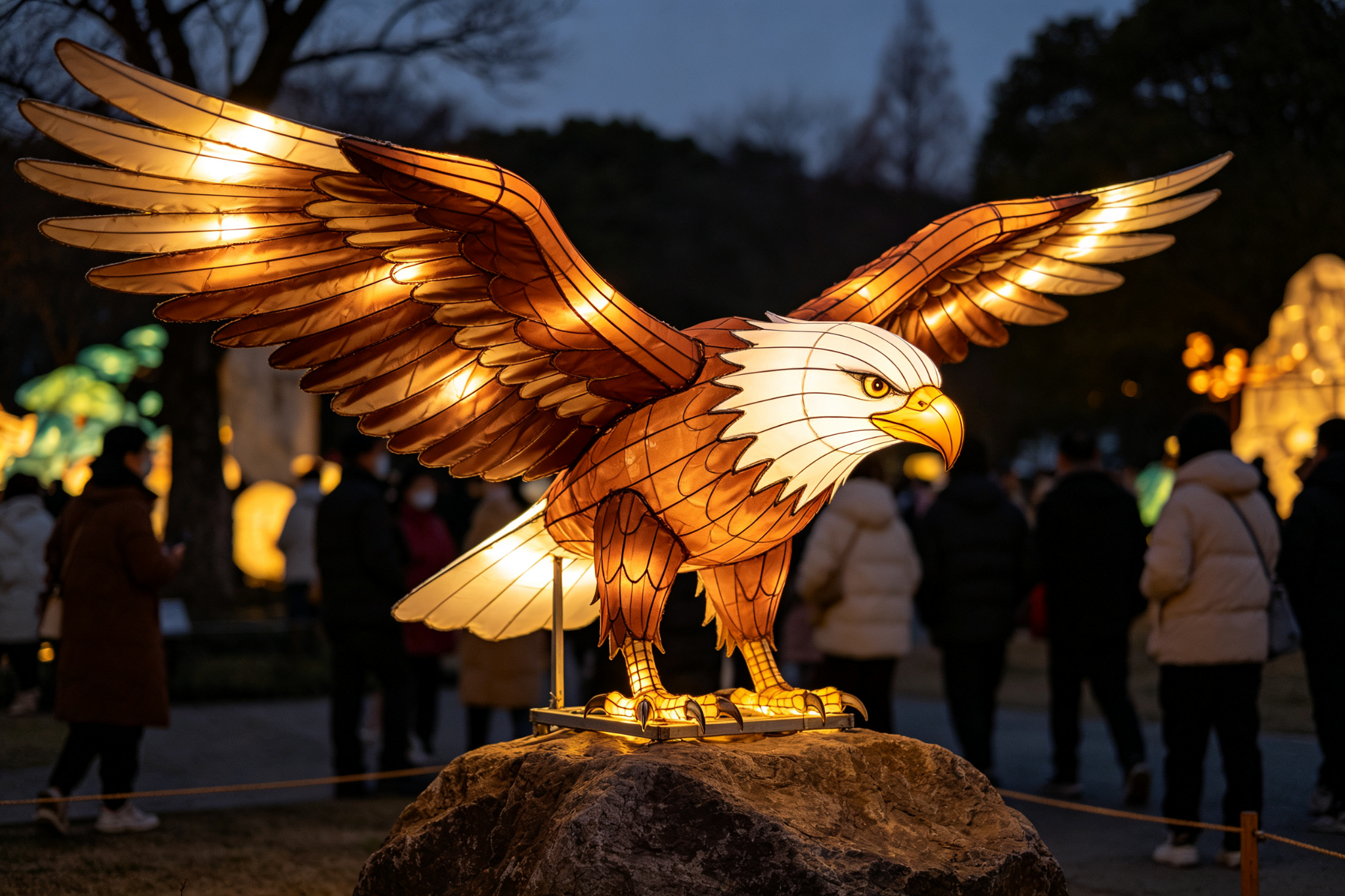 Brown eagle lantern with spread wings on rock with visitors