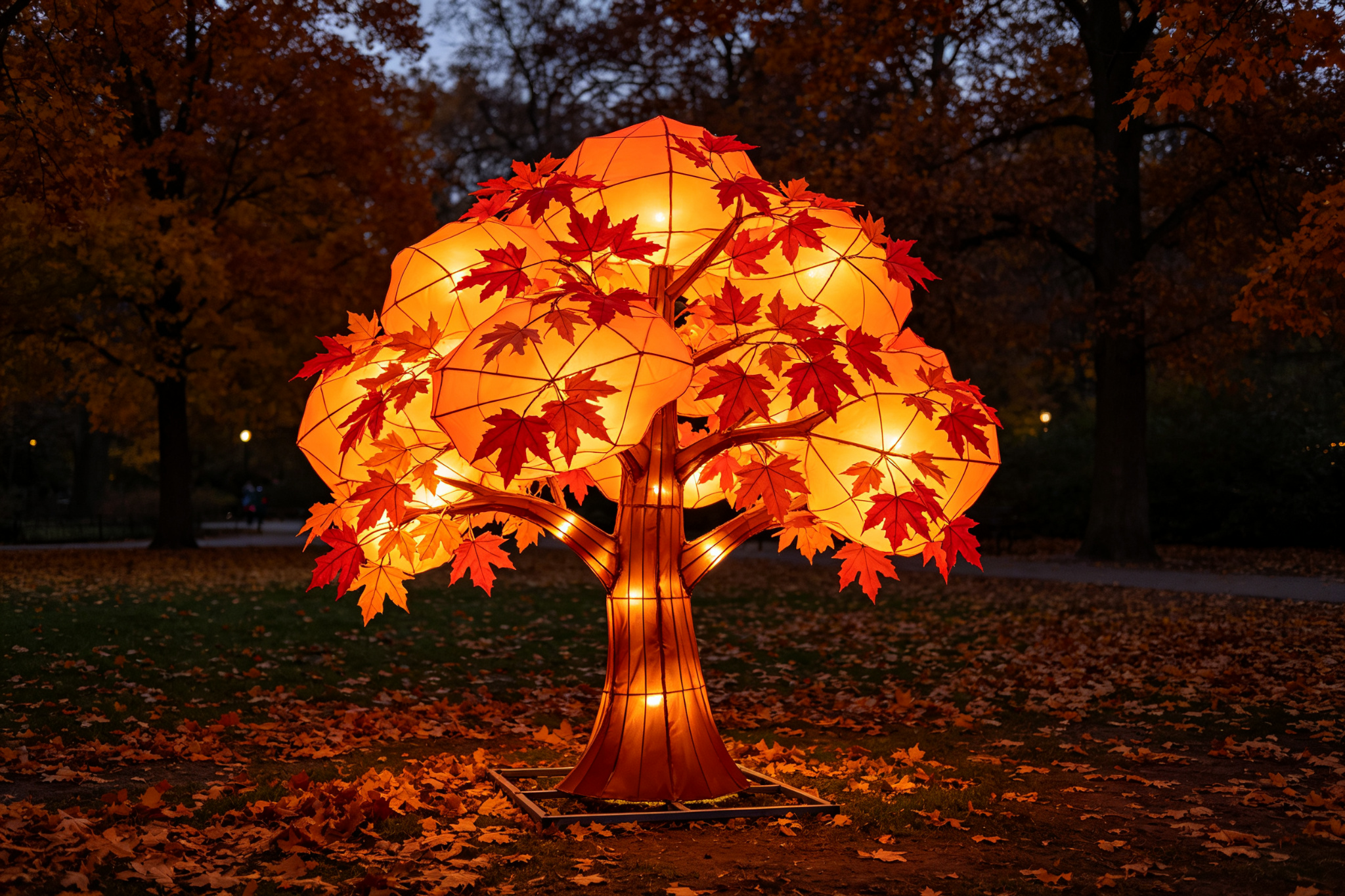 Orange and red autumn tree lantern in park