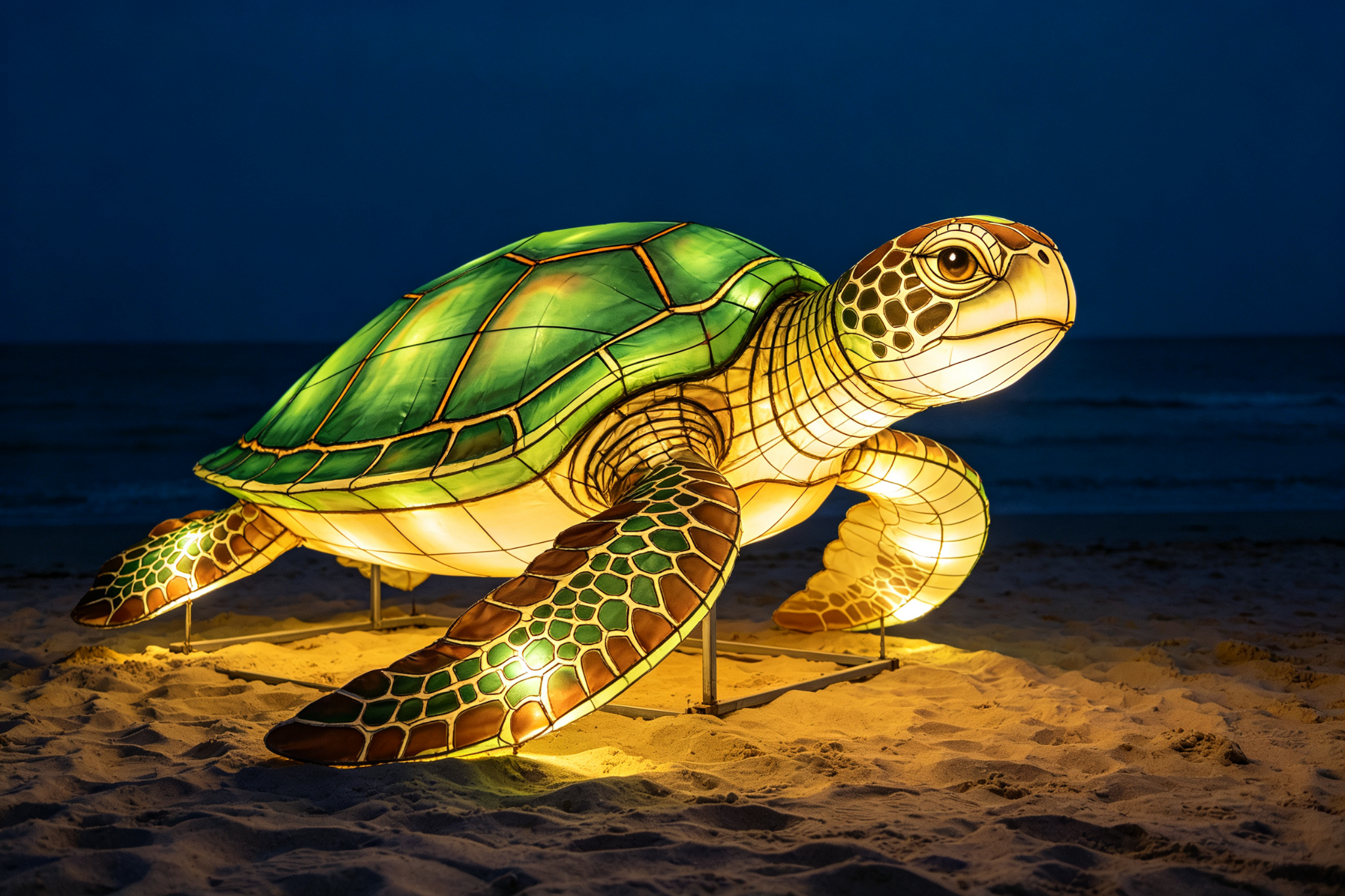 Green sea turtle lantern on sandy beach at dusk