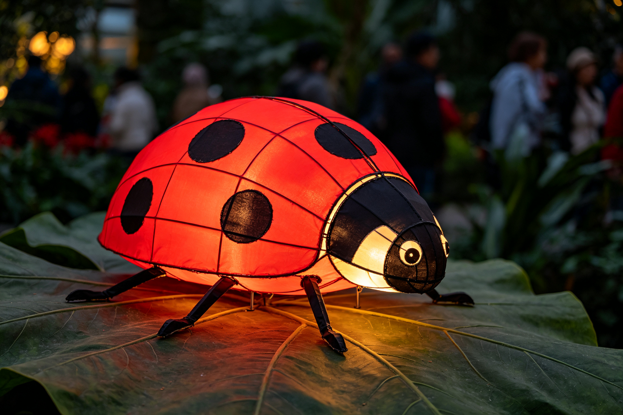 Red ladybug lantern on large leaf in botanical garden