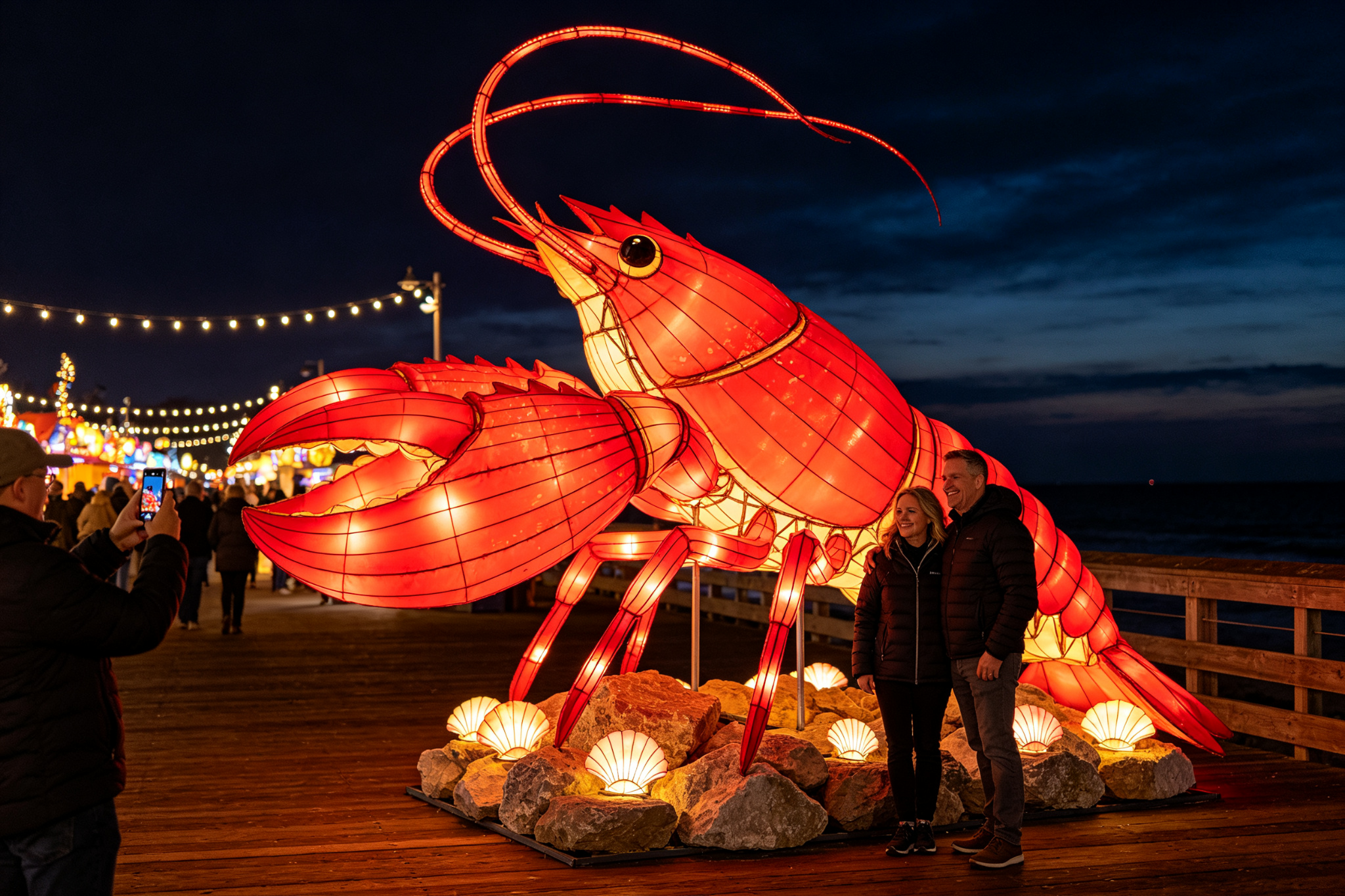 Large red lobster lantern at coastal festival with tourists posing for photos