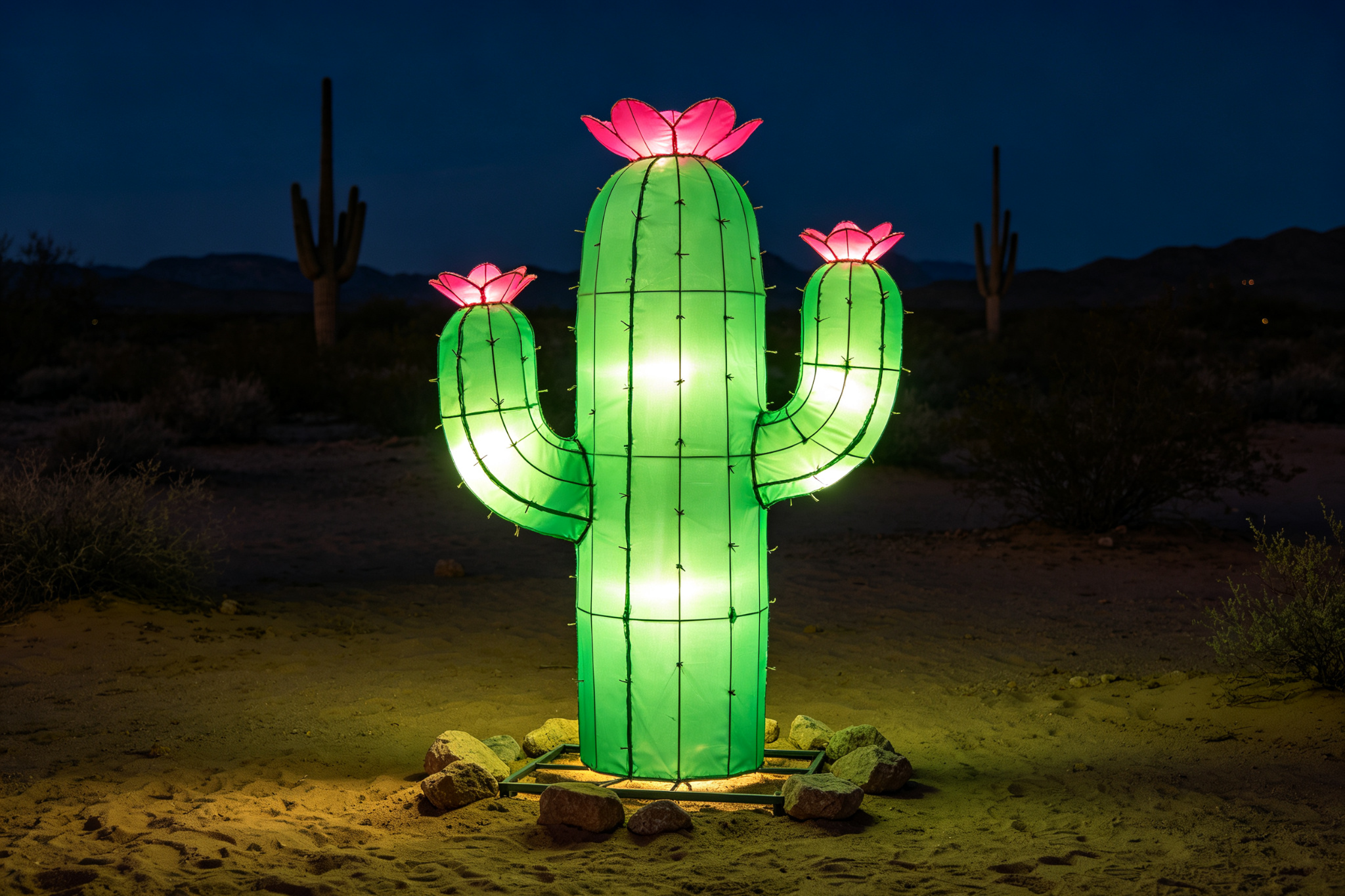 Green cactus lantern with pink flowers in desert setting