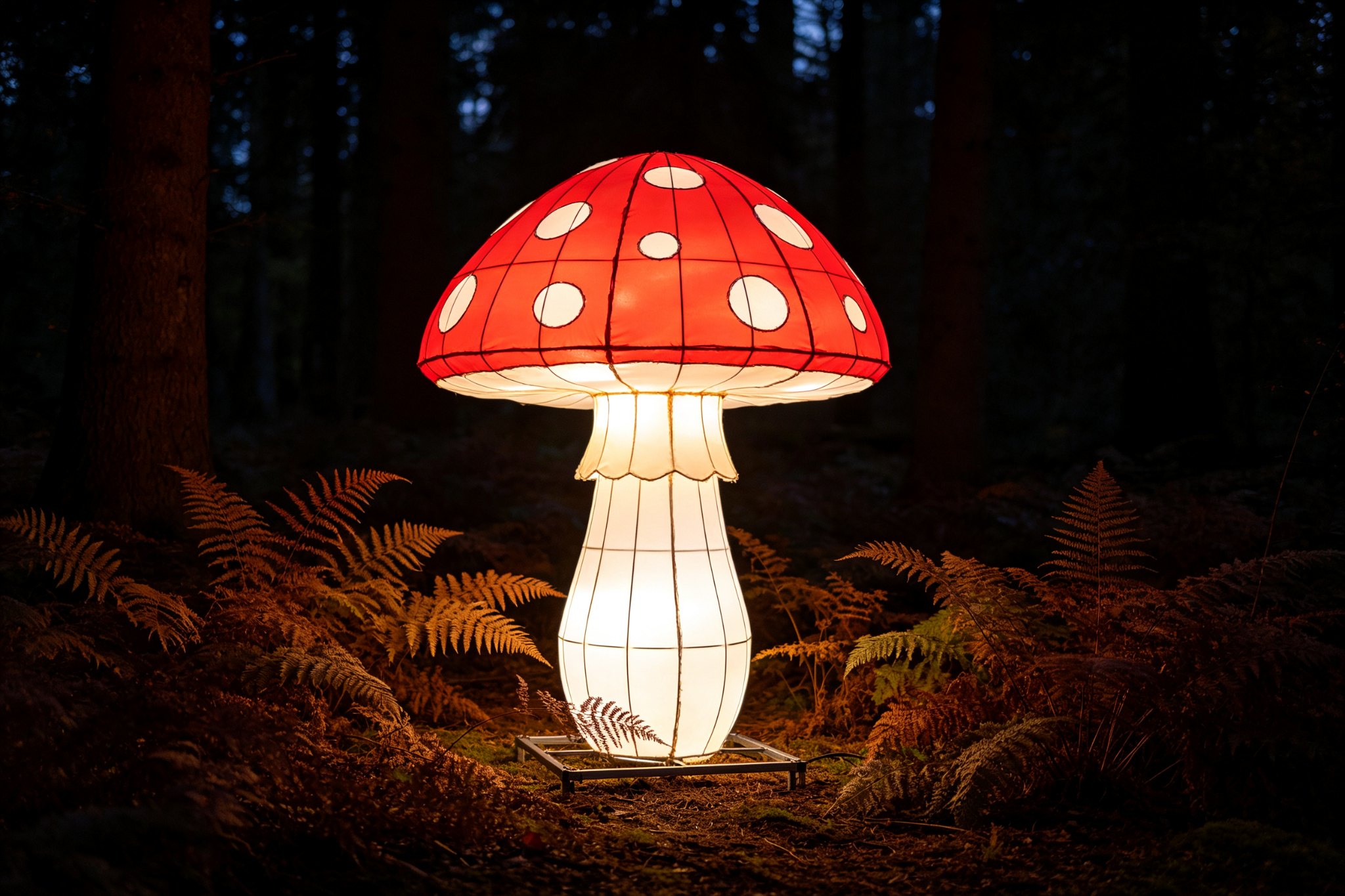 Red and white spotted mushroom lantern in forest