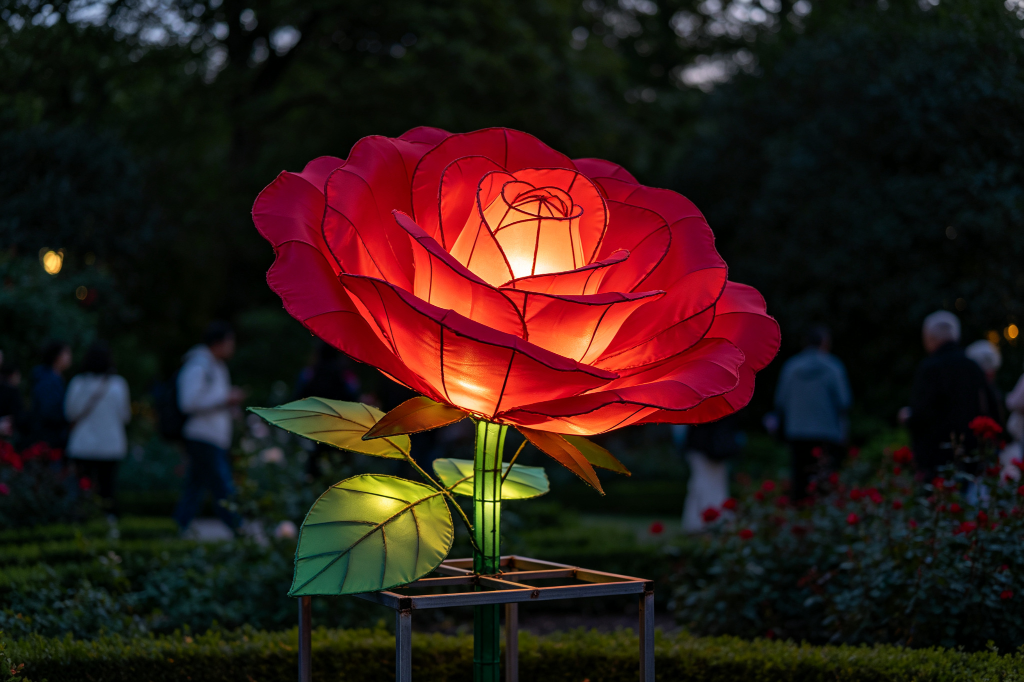 Deep red rose lantern in garden with visitors