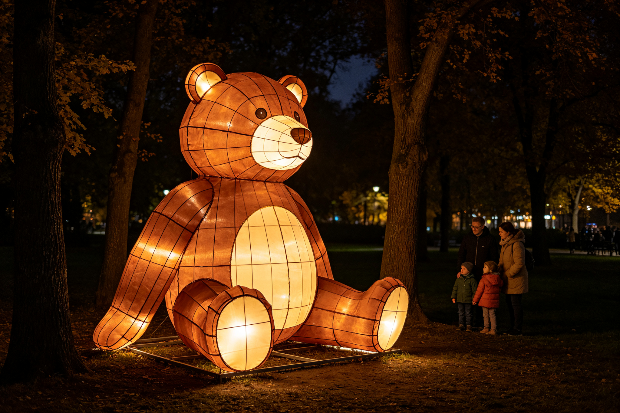Brown teddy bear lantern sitting among trees with family