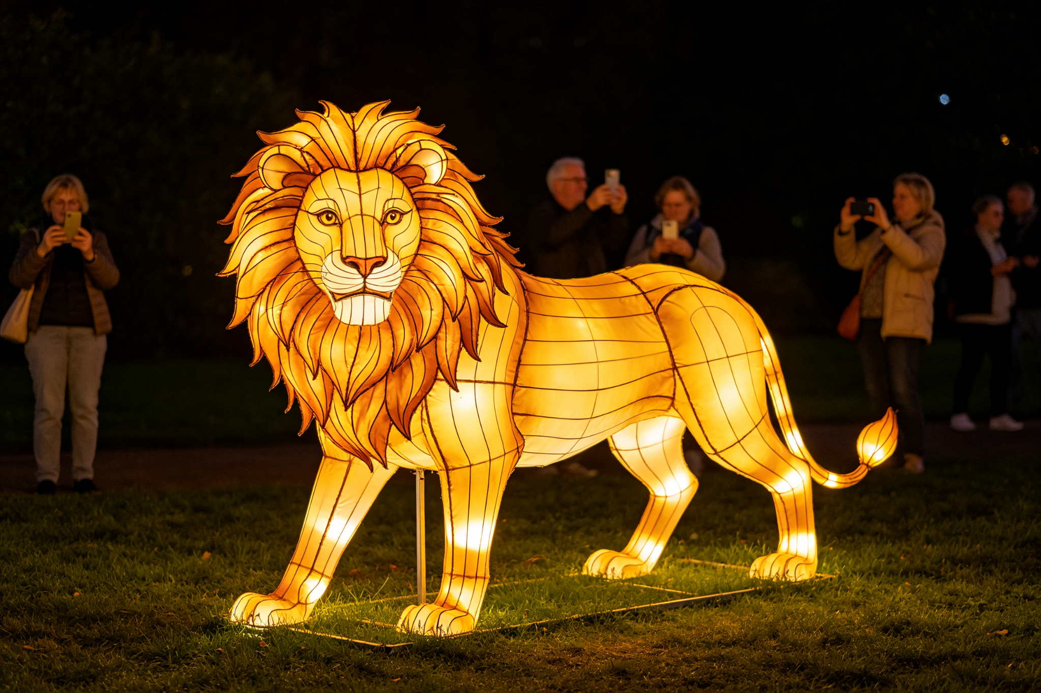 Golden lion lantern on grass with visitors taking photos