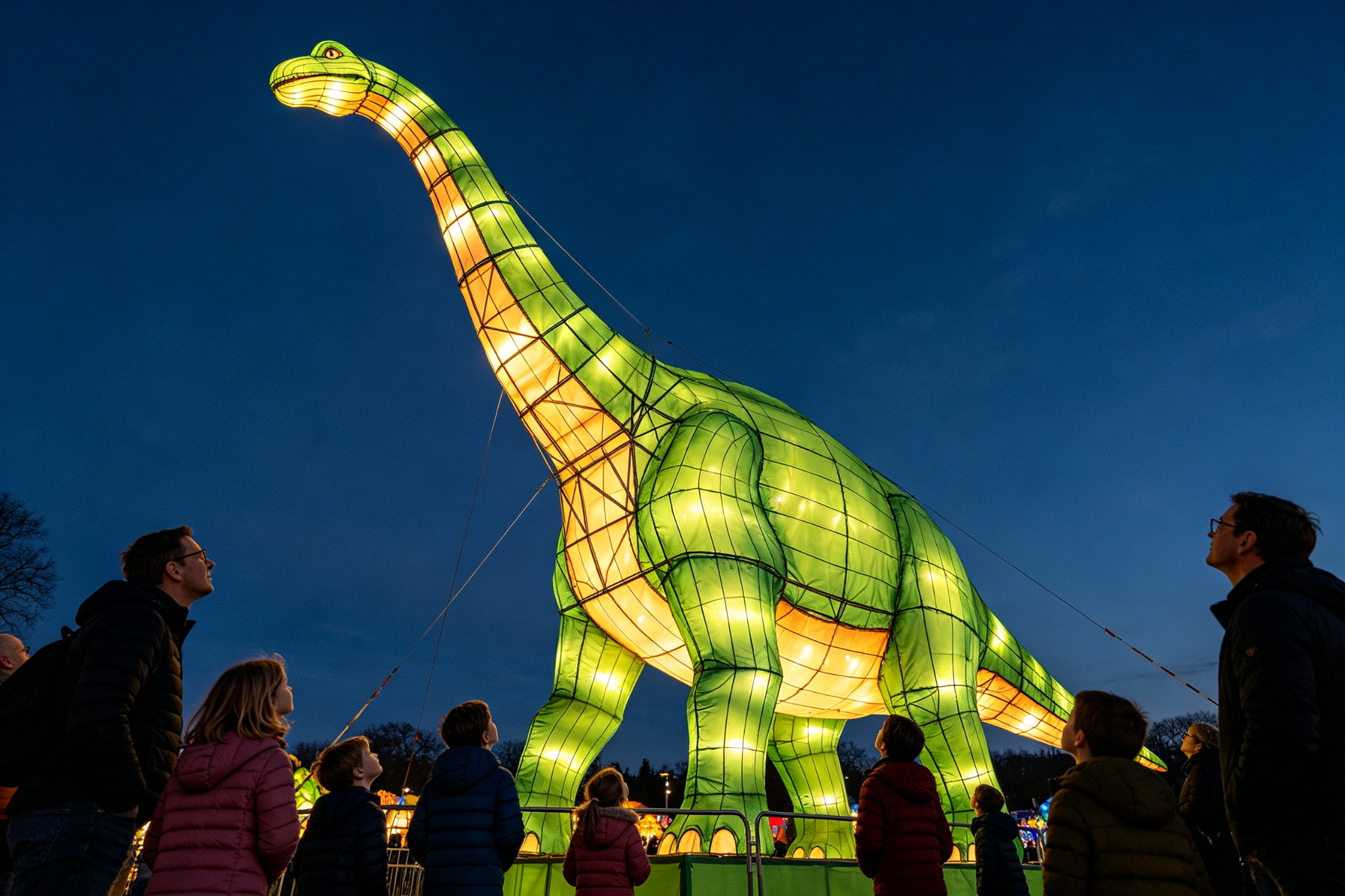 Brachiosaurus dinosaur lantern with visible wire frame and fabric at festival with visitors looking up