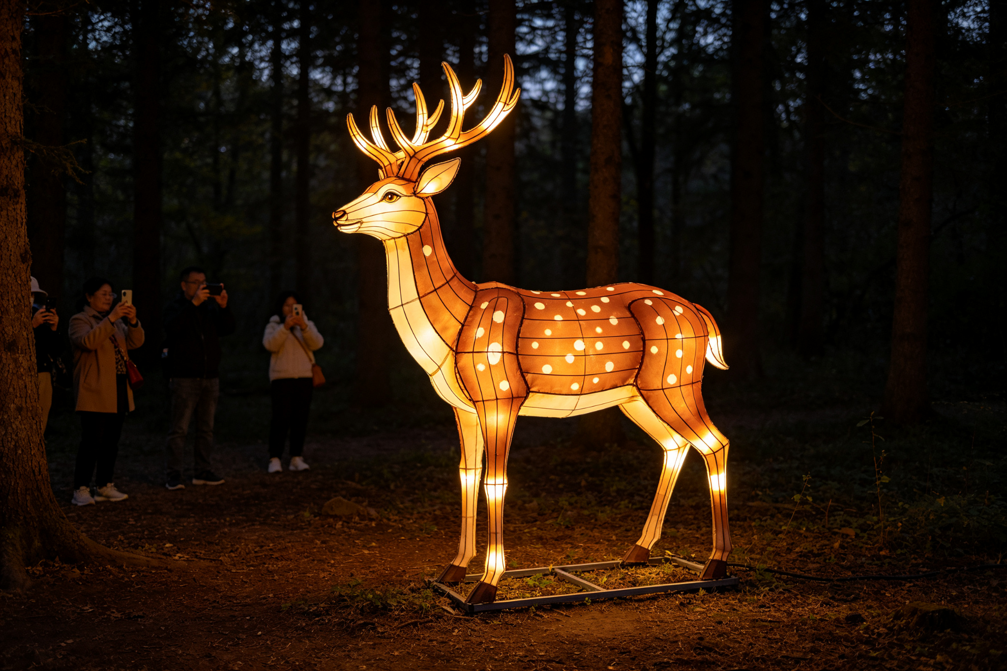 Brown spotted deer lantern with antlers in forest clearing