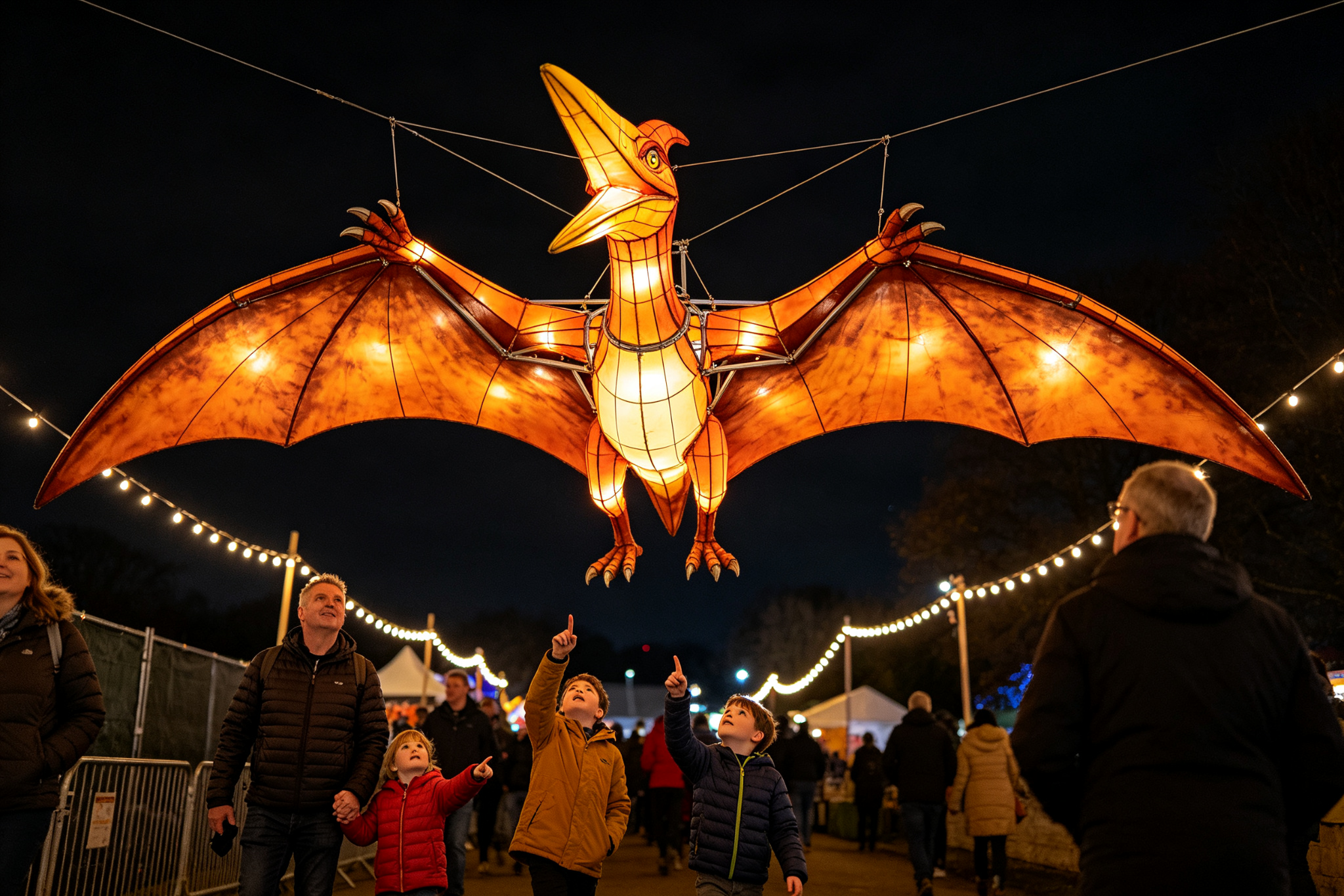 Pterodactyl dinosaur lantern suspended above festival walkway with children pointing